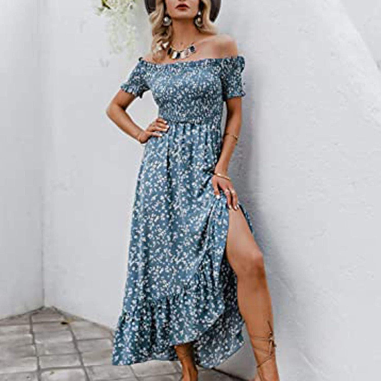 beach dresses off shoulder Off Shoulder Floral Print Maxi Dress Women Ruffle Strap Elegant Casual main image 0