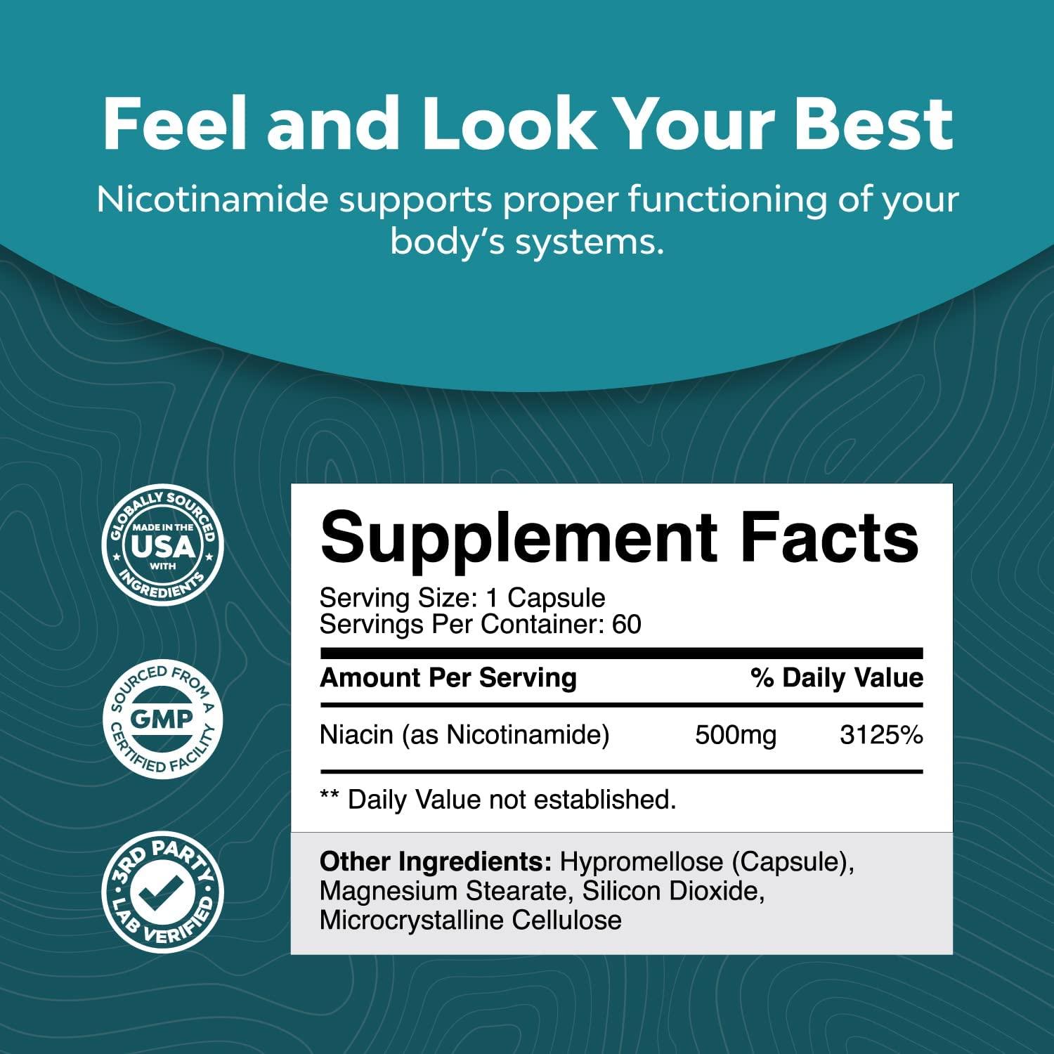 Vitamin B3 Nicotinamide 500mg Capsules Mitochondrial Energy and Anti
