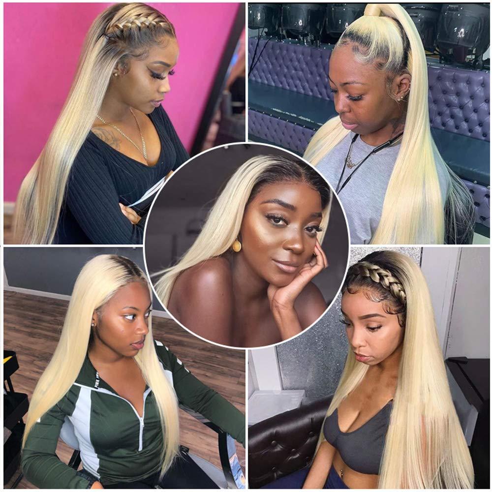 Ombre Lace Front Wig Blonde Human Hair Dark Roots Silky Straight 16inches  150% Density Brazilian Virgin Hair 13x4 Upgrade Deep Part #1b/613 Blonde  Glueless Ombre Human Hair Wigs for Women 16 Inch (