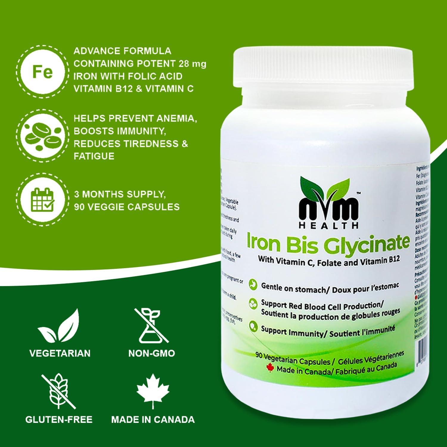 NVM Health Gentle Iron Bisglycinate with Vitamin C, B12, Folic Acid