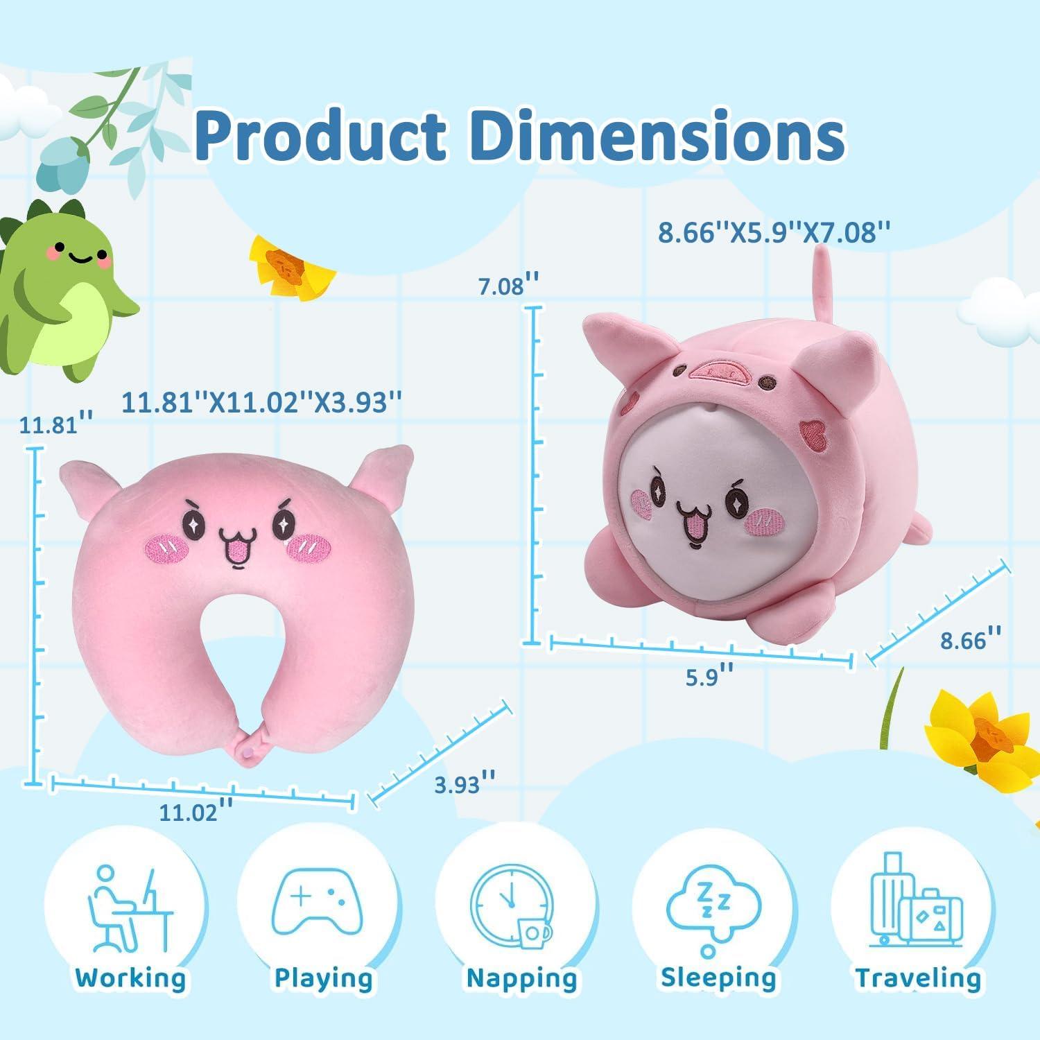 JOYRAVO 2-in-1 Travel Pillow for Kids - Adorable Pink Pig Plushie ...