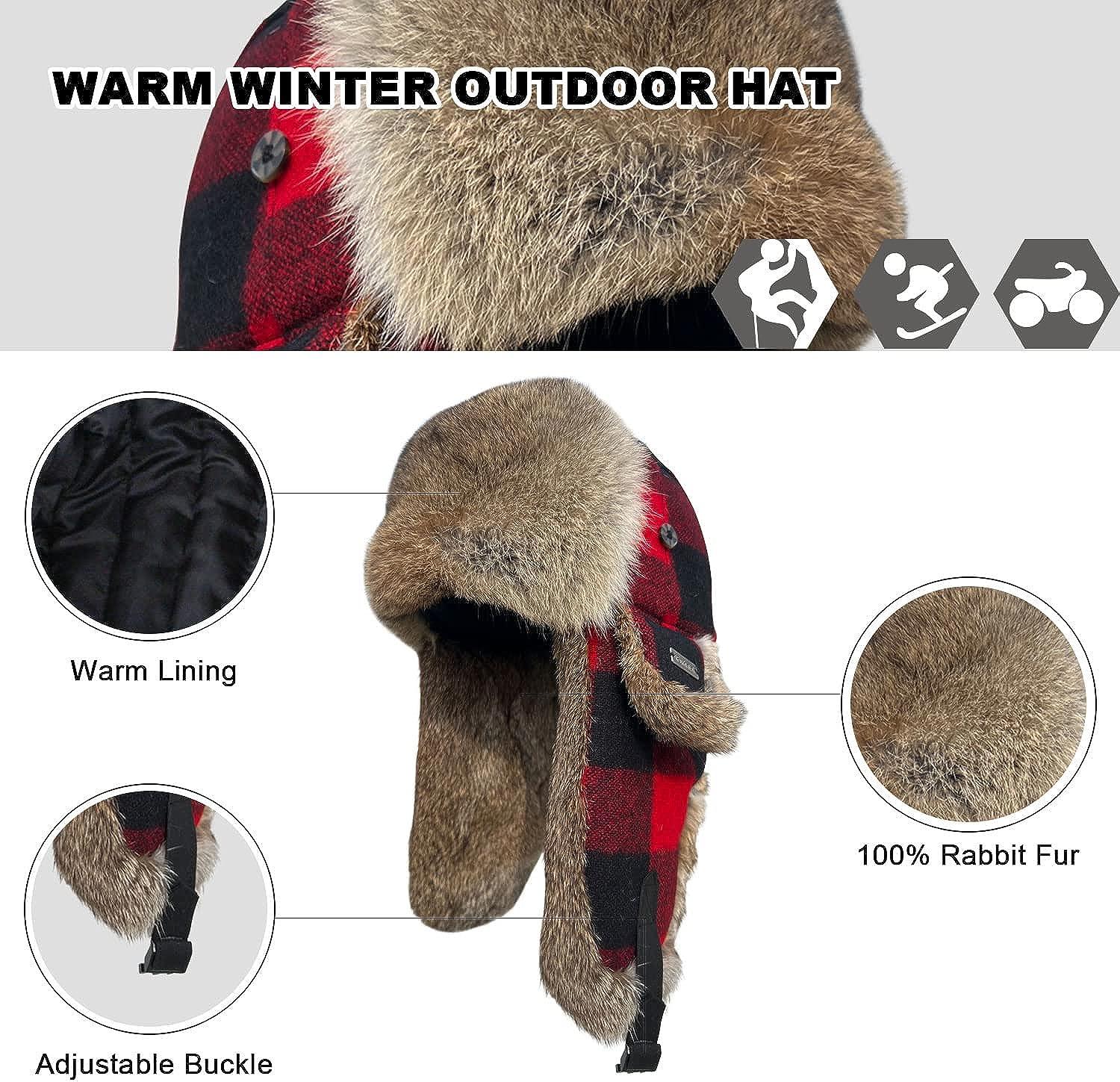 100% Real Rabbit Fur Winter Trapper Hat for Men Women Russian Fur Ushanka Aviator  Bomber Hat Mens Trapper Hat with Ear Flaps Red Black Large-X-Large