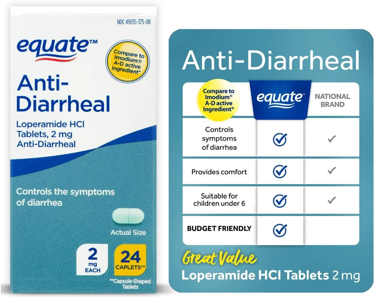 Equate AntiDiarrheal Loperamide 2 mg 24 Caplets + STS Sticker.