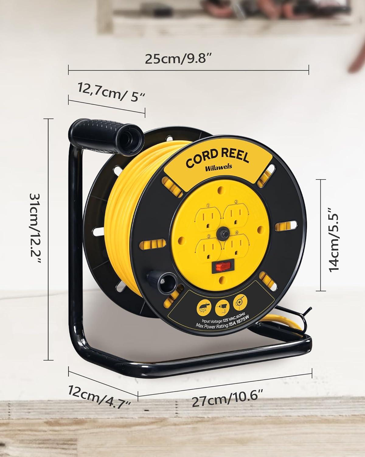 WILAWELS Extension Cord Storage Reel with 4-Grounded Outlets 15A Circuit  Breaker Heavy Duty Open Cord Reel for 12/3 14/3 16/3 Gauge Power Cord Hand  Wind Retractable ETL Listed Yellow Y95CR06 15A Yellow