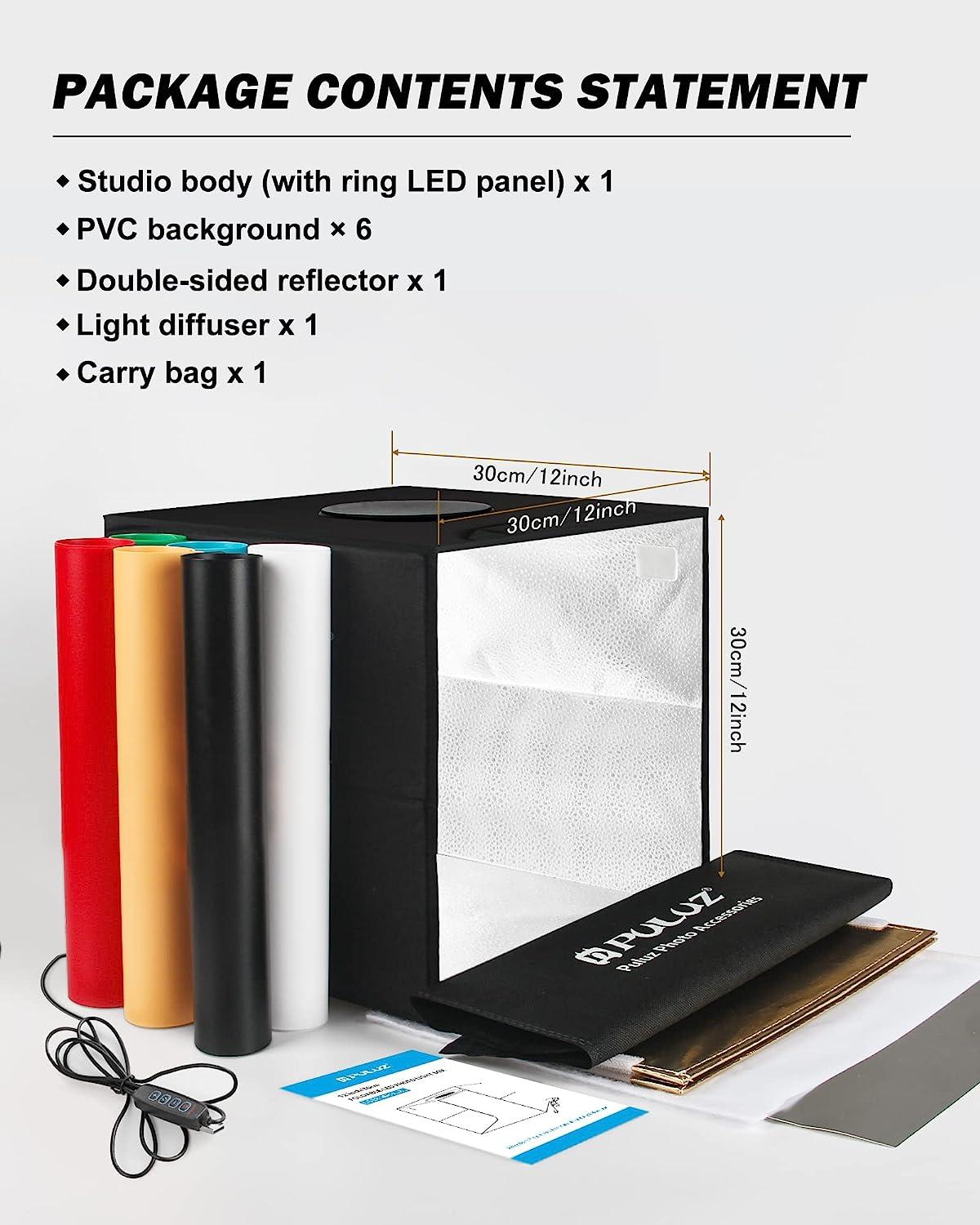 PULUZ Lichtbak voor fotografie, verbeterde 30 cm draagbare ring lichtbak, fotografiekit, CRI >95 witte verlichting softbox met 112 stuks LED- verlichting 6 foto achtergronden voor productweergave