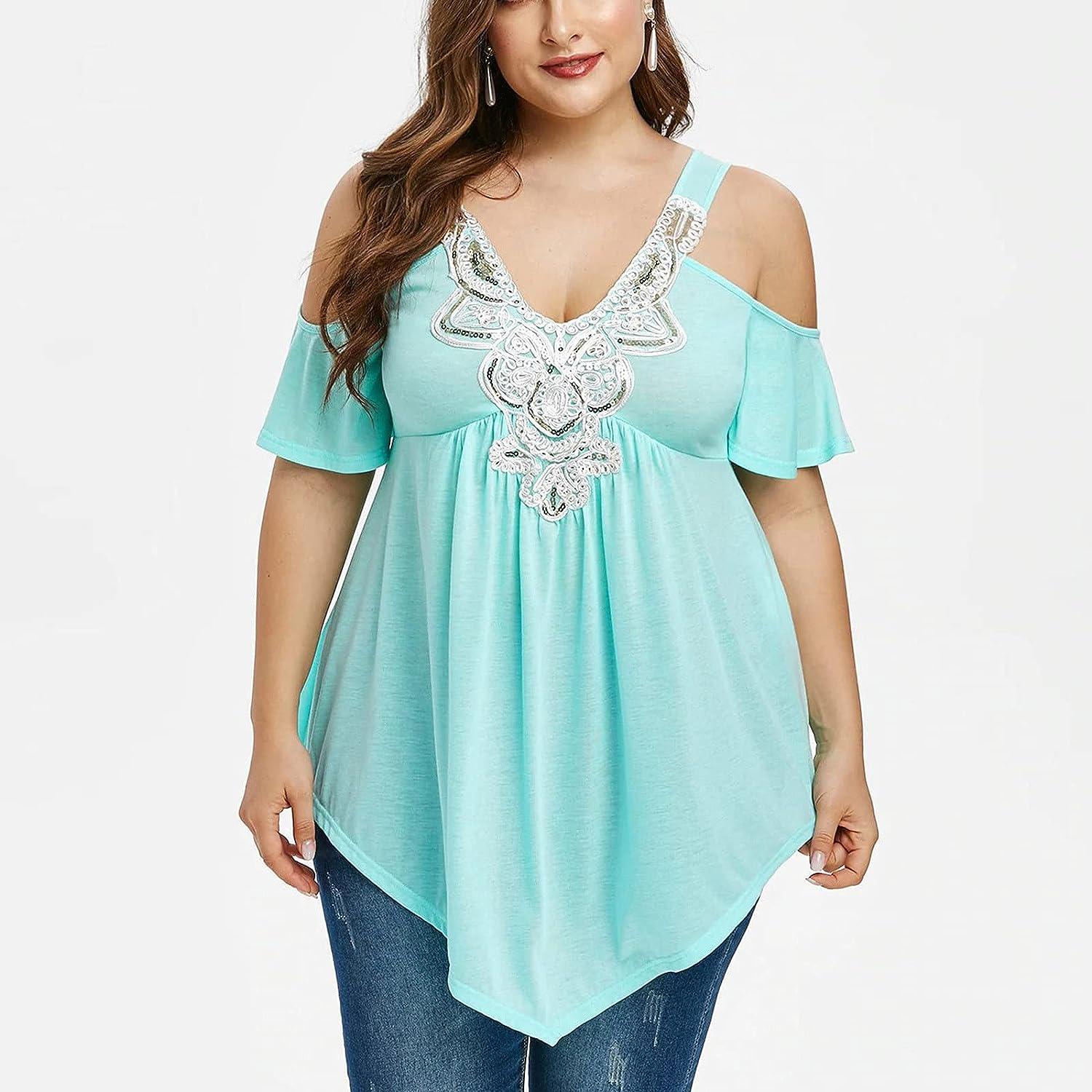 Women's Plus Size Tops Sexy Lace V Neck T-Shirt Summer Short