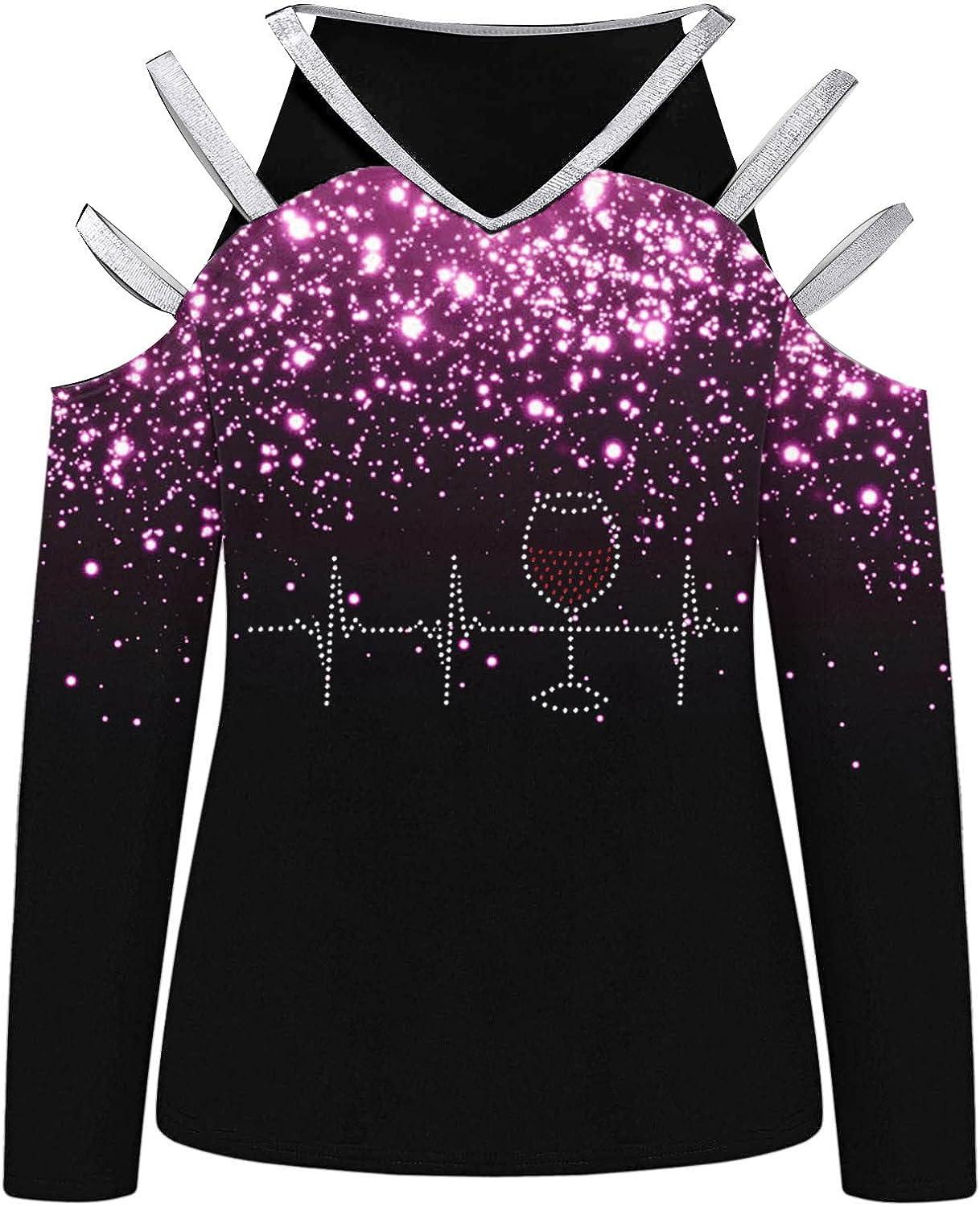 SineMine Women's Rhinestone Print Long Sleeve Top | V Neck Loose