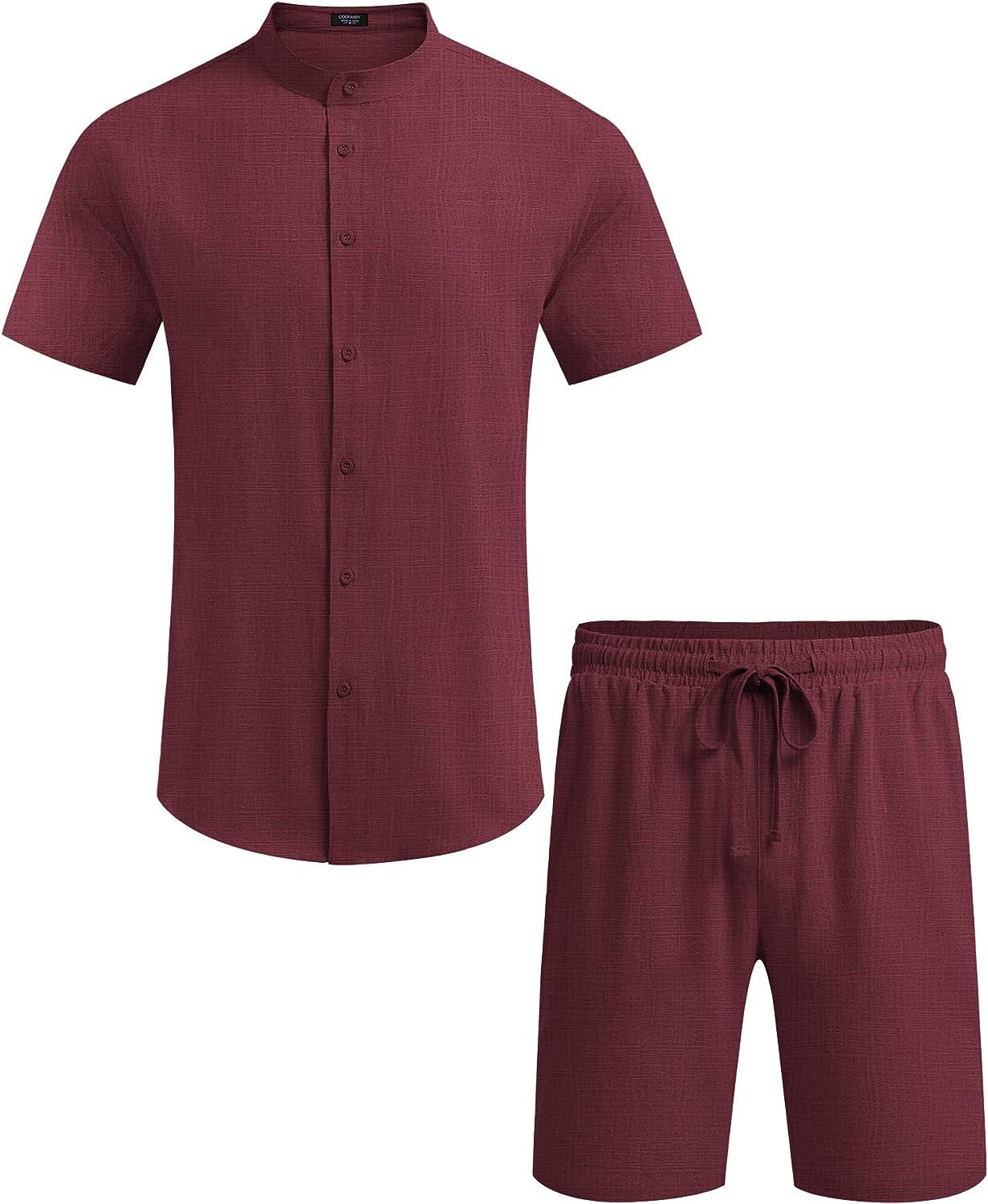COOFANDY Men's 2 Piece Linen Set - Band Collar Shirt and Shorts