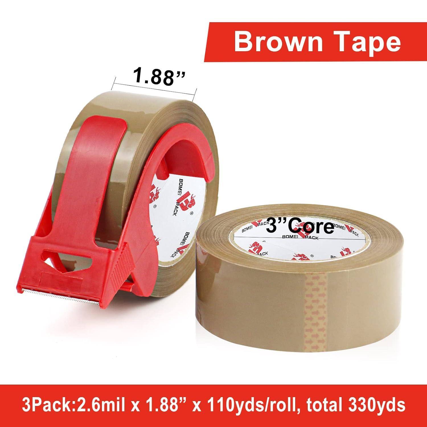 BOMEI PACK 3 Pack Heavy Duty Brown Packing Tape with Dispenser 2.6