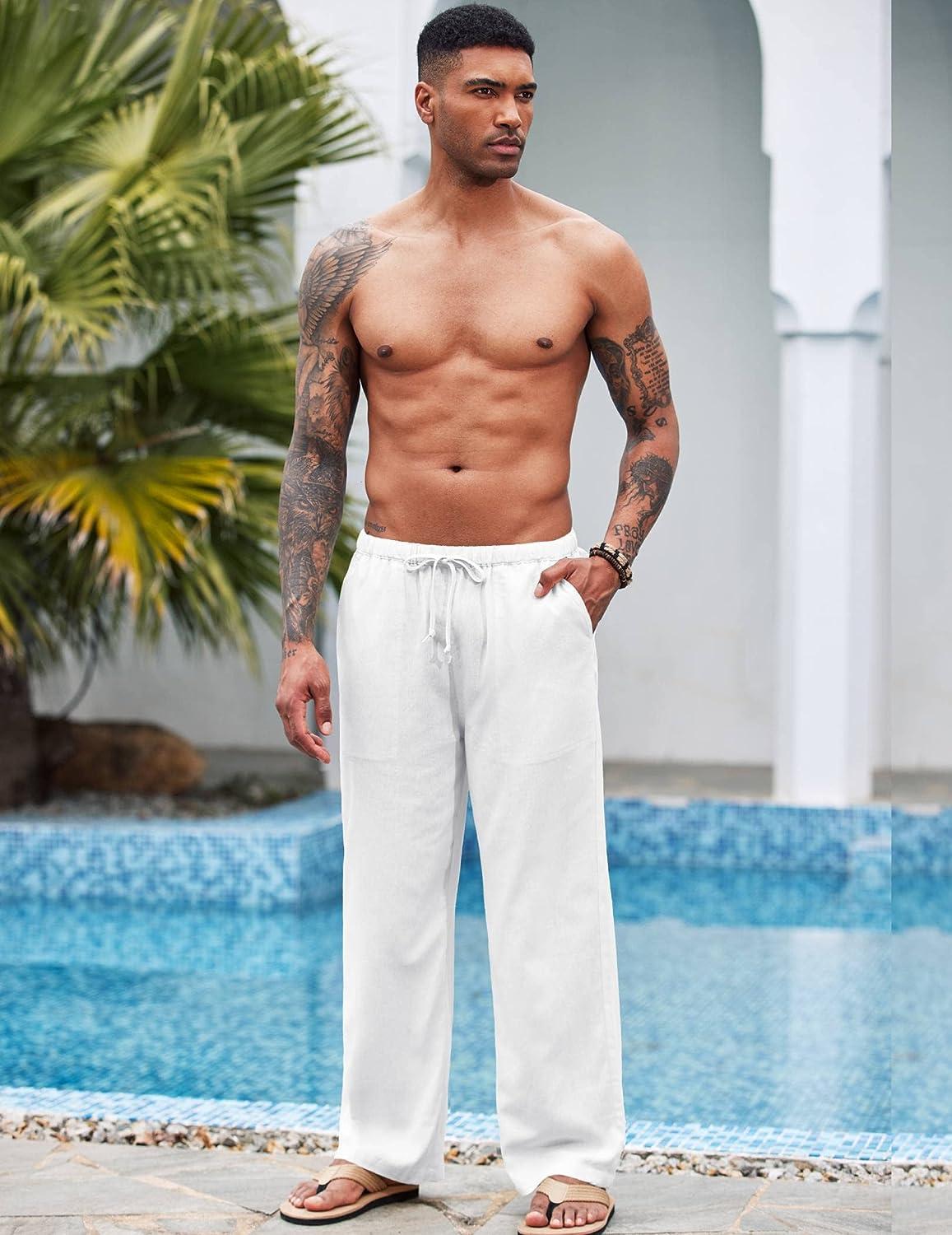 COOFANDY Mens Linen Loose Casual Lightweight Elastic Waist Yoga Beach Pants  Small A- White