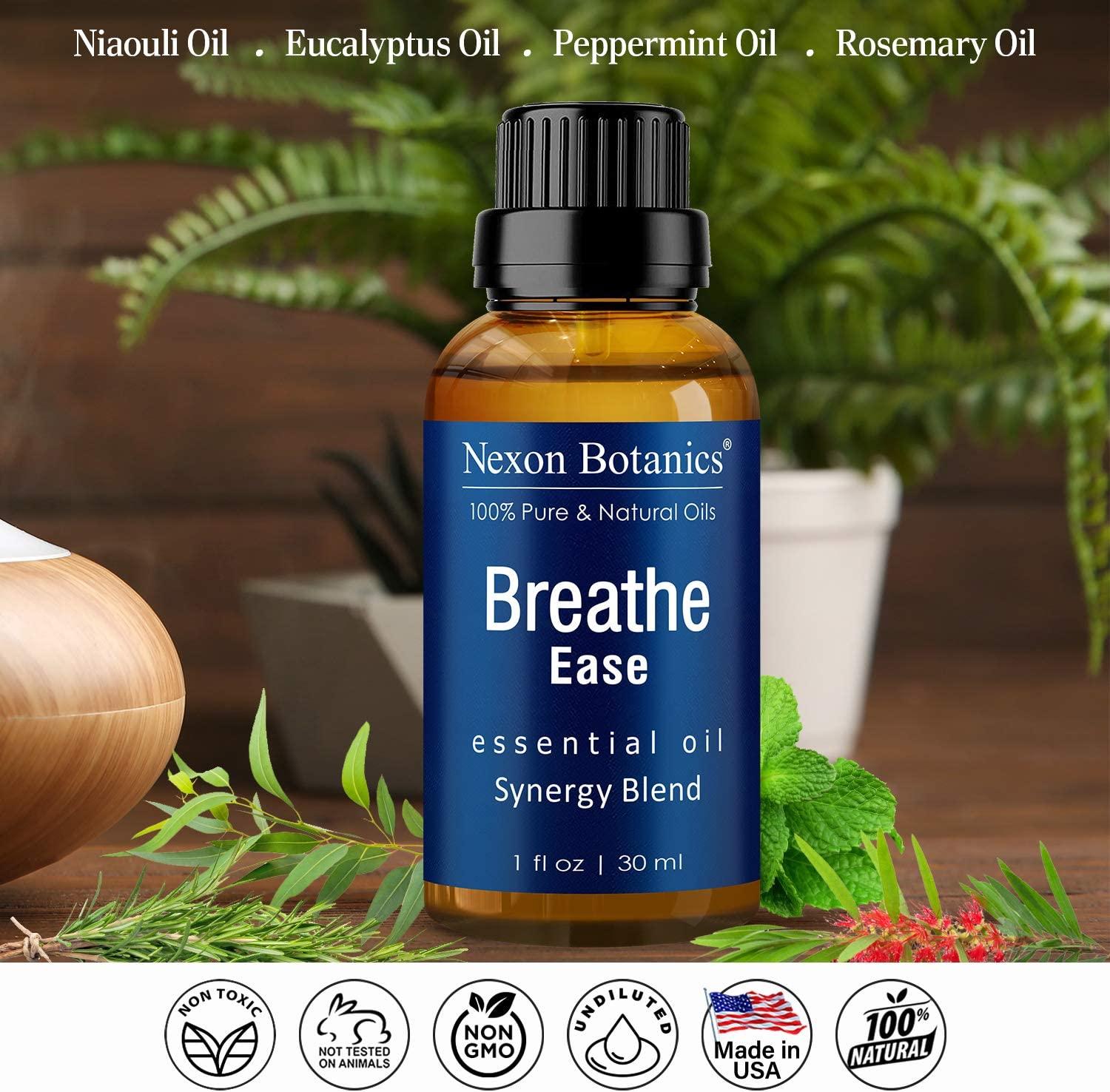 Breathe Ease essential oil synergy blend bottle with eucalyptus and peppermint imagery
