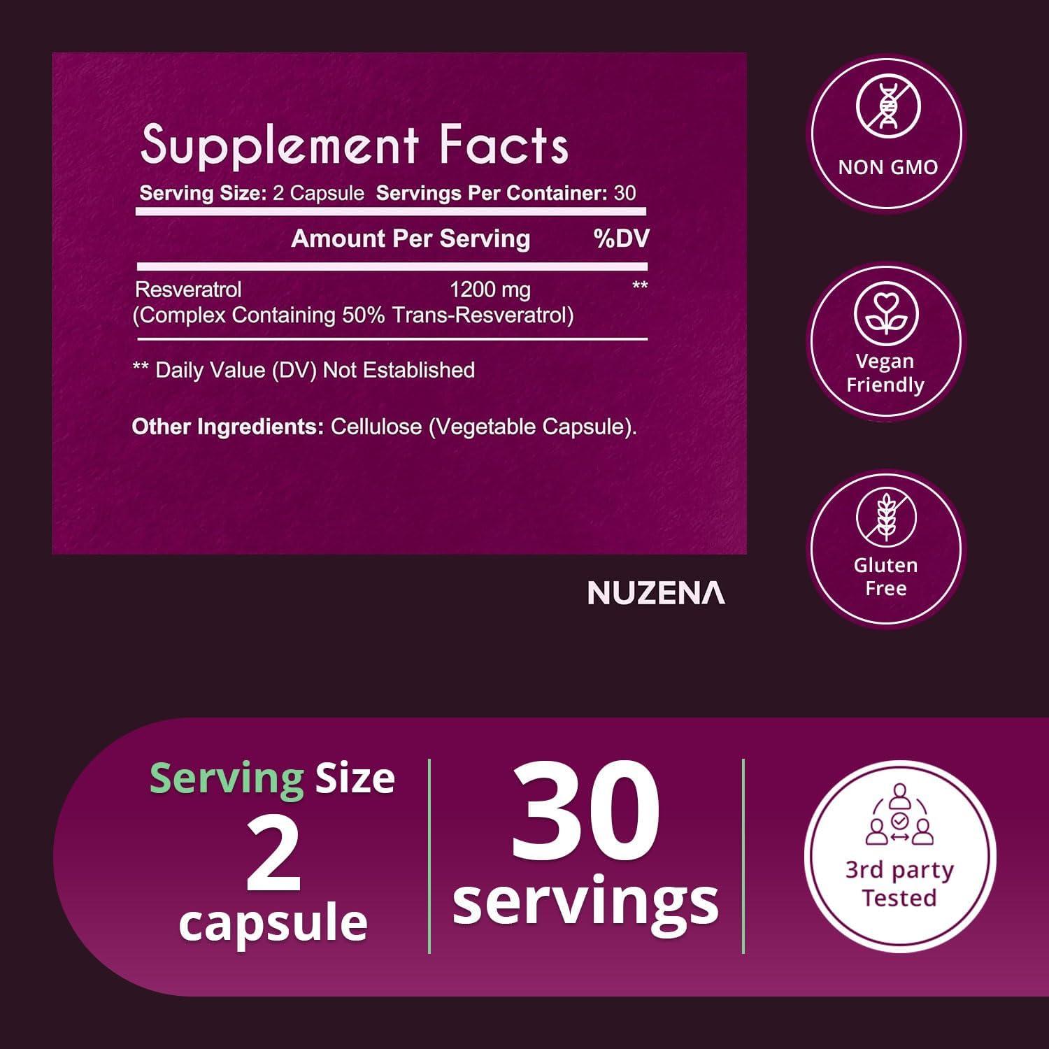 Nuzena 1200mg Resveratrol Supplement Capsules Made in USA Immune