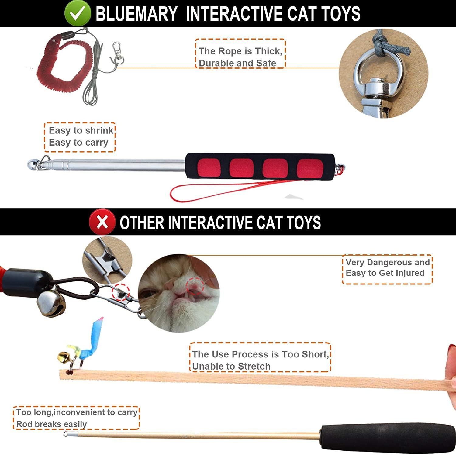 Bluemary Cat Feather Toy, 2pcs Retractable Cat Wand Toy and 4pcs