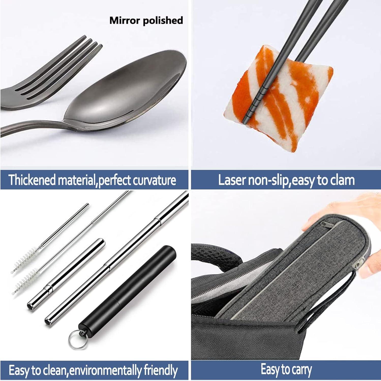 Travel Utensils Reusable, 5Pcs/Set Stainless Steel Reusable Cutlery Portable Travel Chopsticks Fork Spoon Portable Silverware Cutlery Set, Fork Spoon