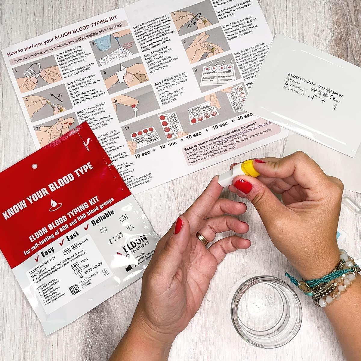  Eldoncard Blood Typing Kit, 3 Tests, Know Your Blood Type,  Instant Home Testing Kit, A, O, B, Rhs-D Negative and Positive Blood Types  Tested For : Health & Household