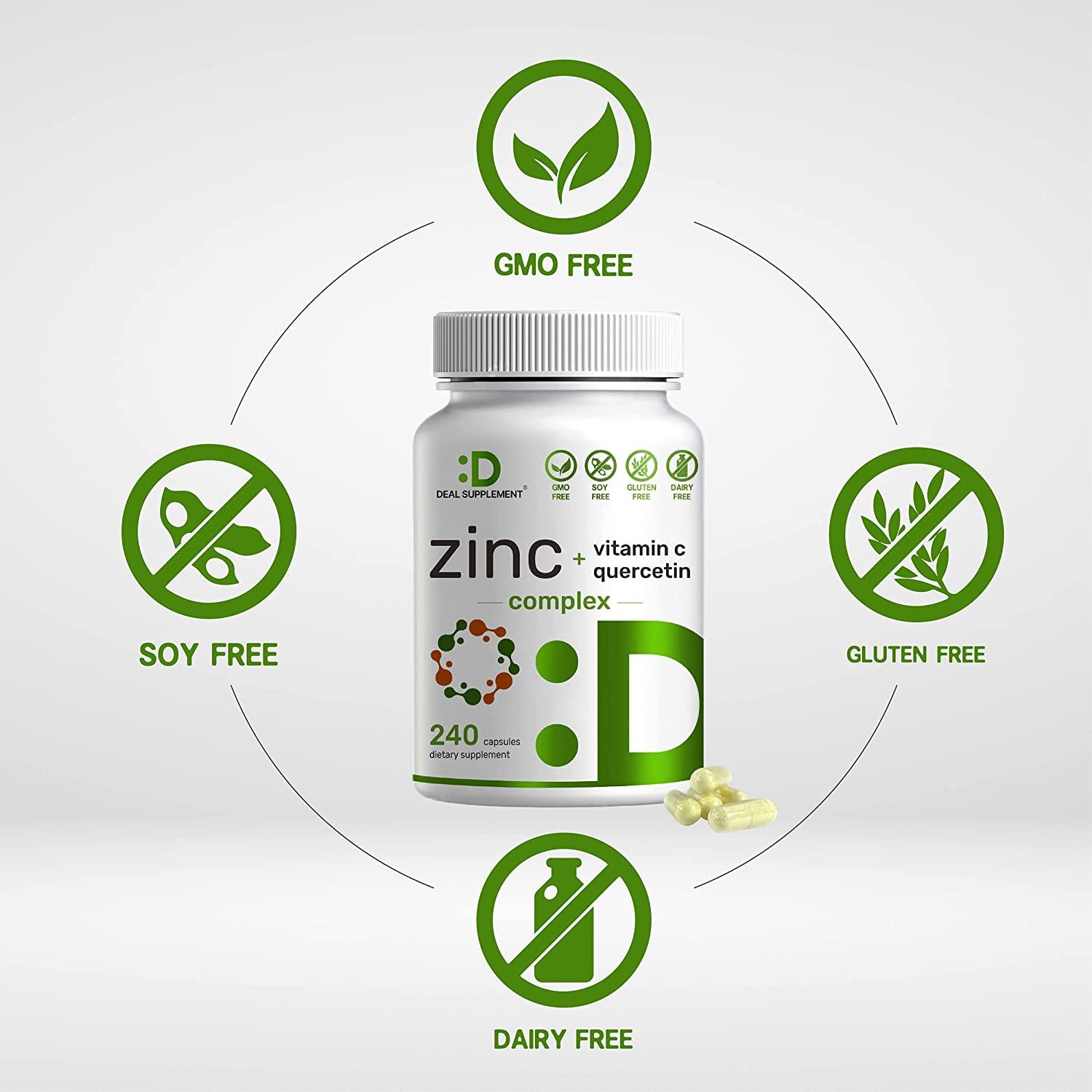 Zinc Quercetin 500mg with Vitamin C 240 Capsules 41 Zinc 50mg Complex