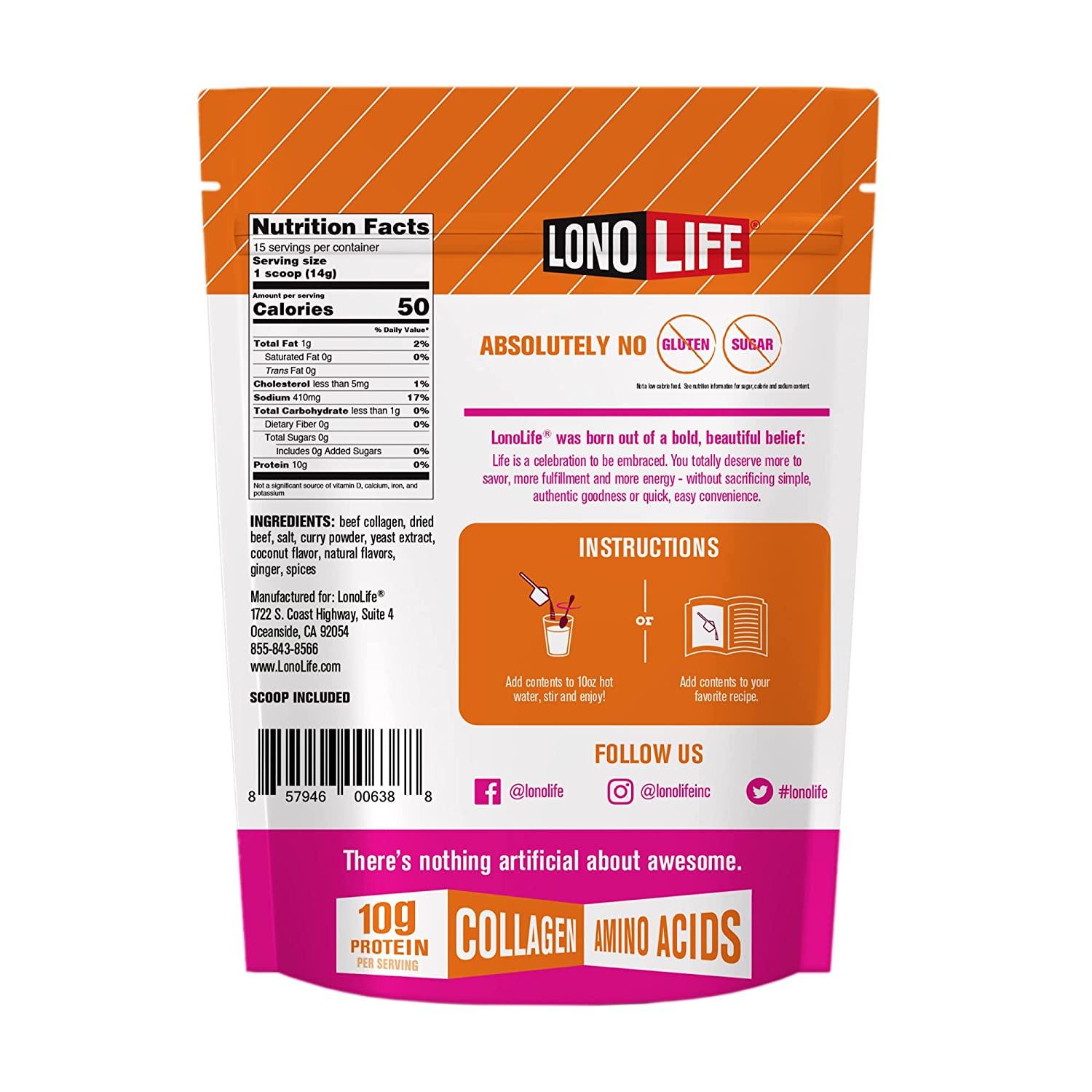 LonoLife Thai Curry Beef Bone Broth Powder with 10g Protein, Paleo