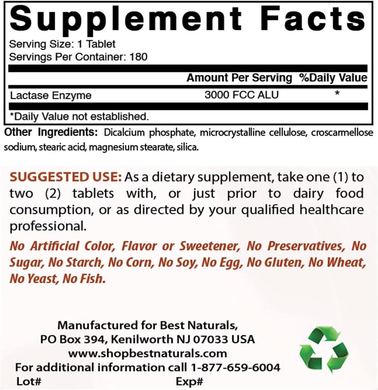 Best Naturals Fast Acting Lactase Enzyme 3000 FCC ALU 180 Tablets