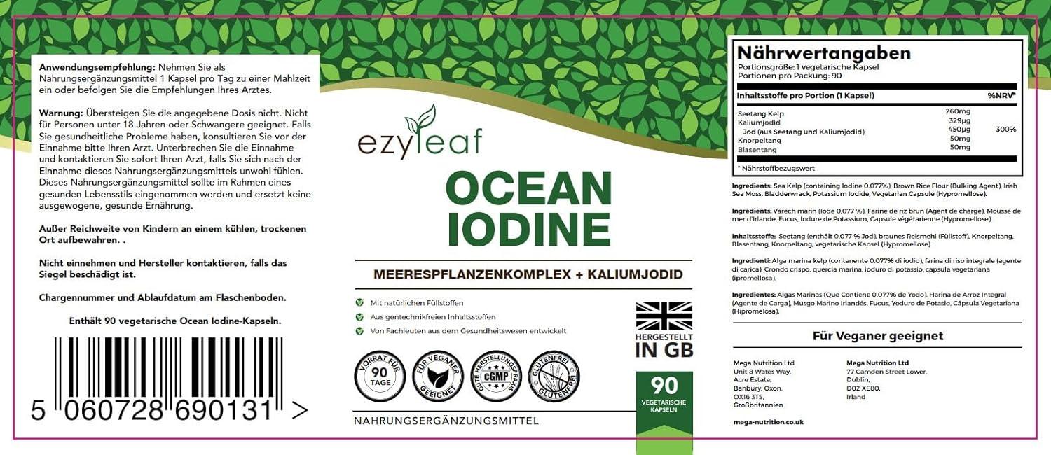 Ezyleaf Ocean Iodine Supplement 450mcg 90 High Strength Sea Moss and