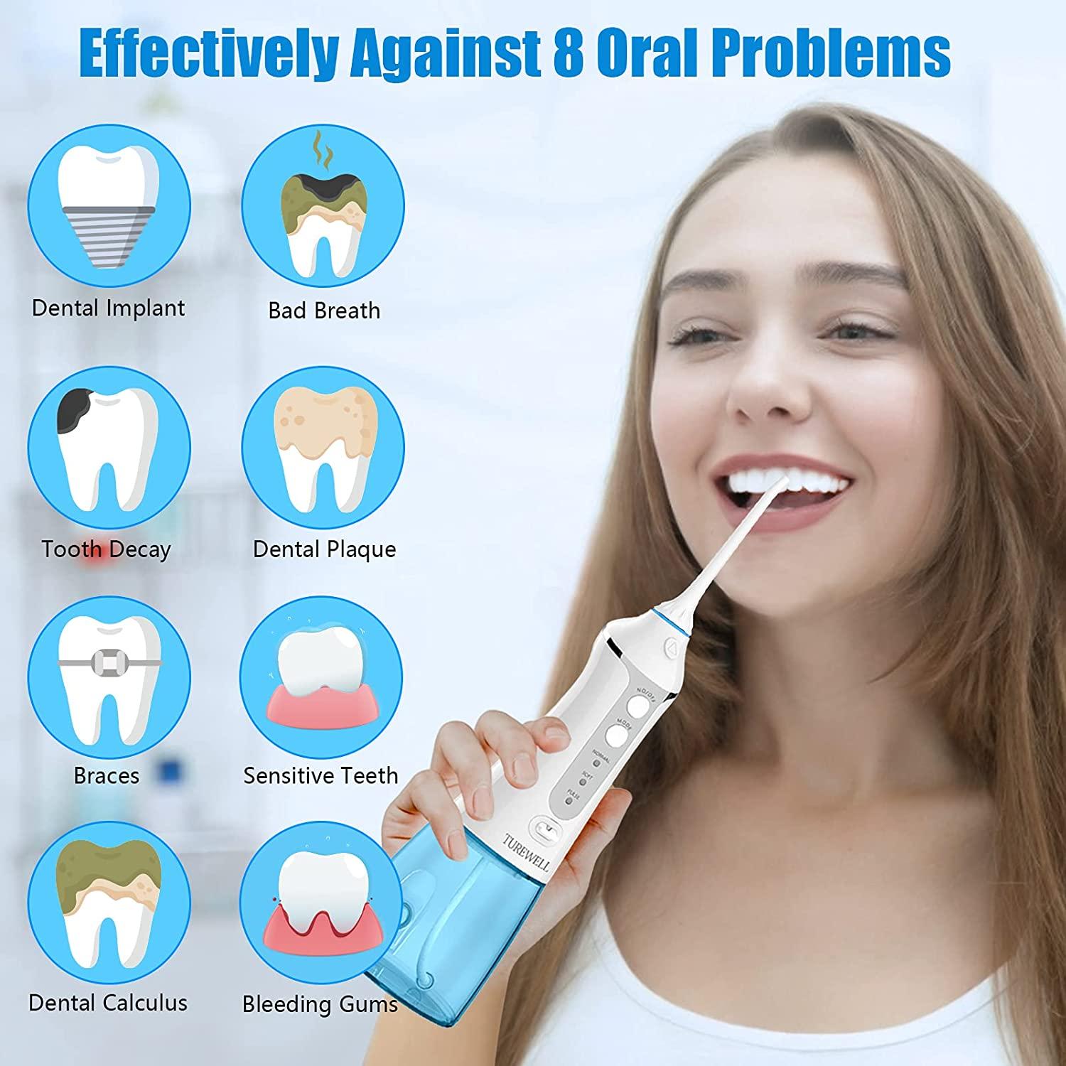 Portable Rechargeable Water Dental Flosser 3 Modes, 6 Jet Tips, 300ML