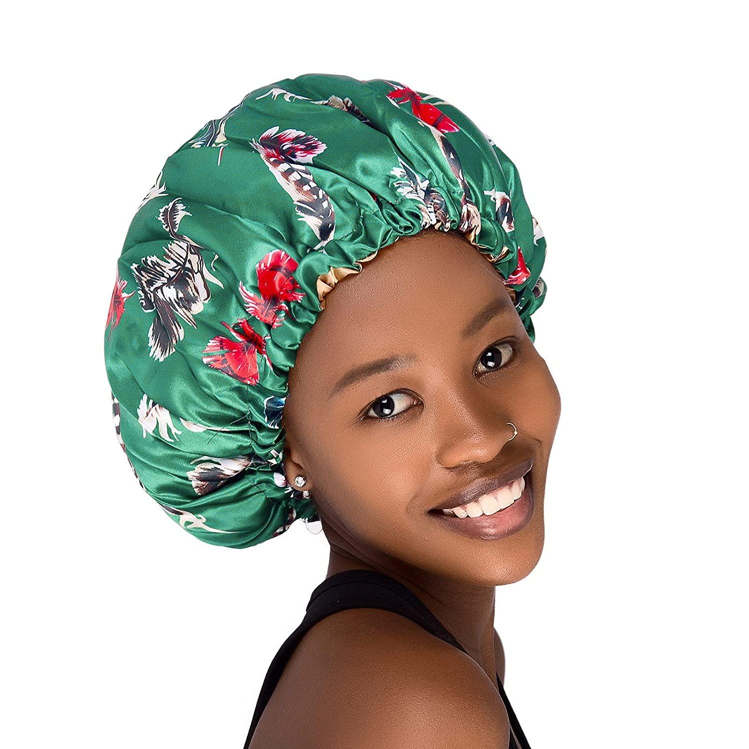 Cospack Satin Bonnet for Natural Hair Bonnets for Black Women Silk Bonnet  for Curly Hair Cap for Sleeping Silk Sleep Cap Hair Bonnet Double Layers  Reversible (Green)