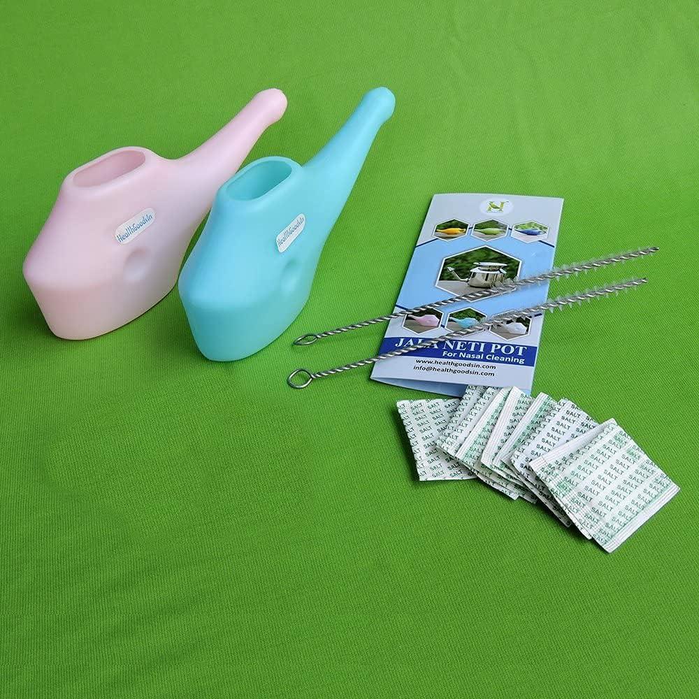 Set of 2 Unbreakable Plastic Neti Pot with Salt Sachets and Cleaning