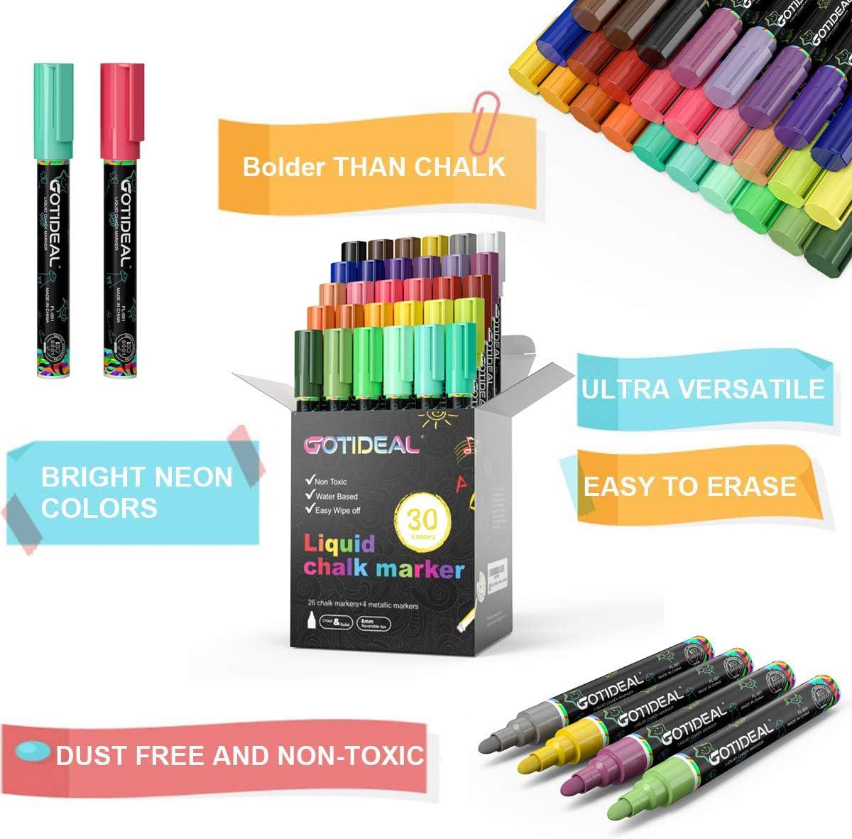 GOTIDEAL Liquid Chalk Markers, 30 colors Premium Window Chalkboard Neon Pens,  Including 4 Metallic Colors, Painting and Drawing for Kids and Adults,  Bistro & Restaurant, Wet Erase - Reversible Tip