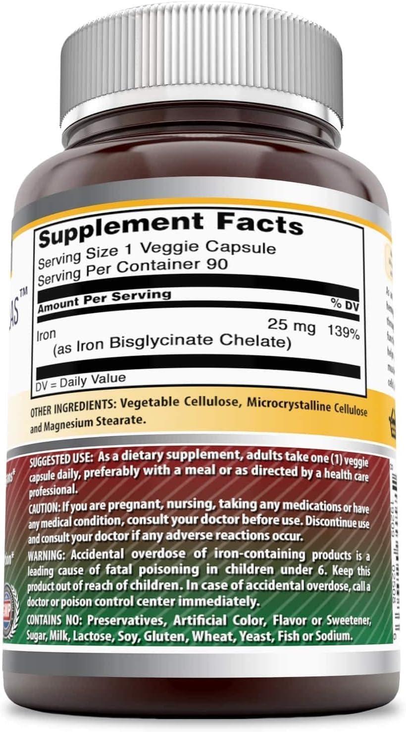 Formulas Iron as Iron Bisglycinate 25 Mg Veggie Capsules (NonGMO Gluten Free) Supports Oxygen