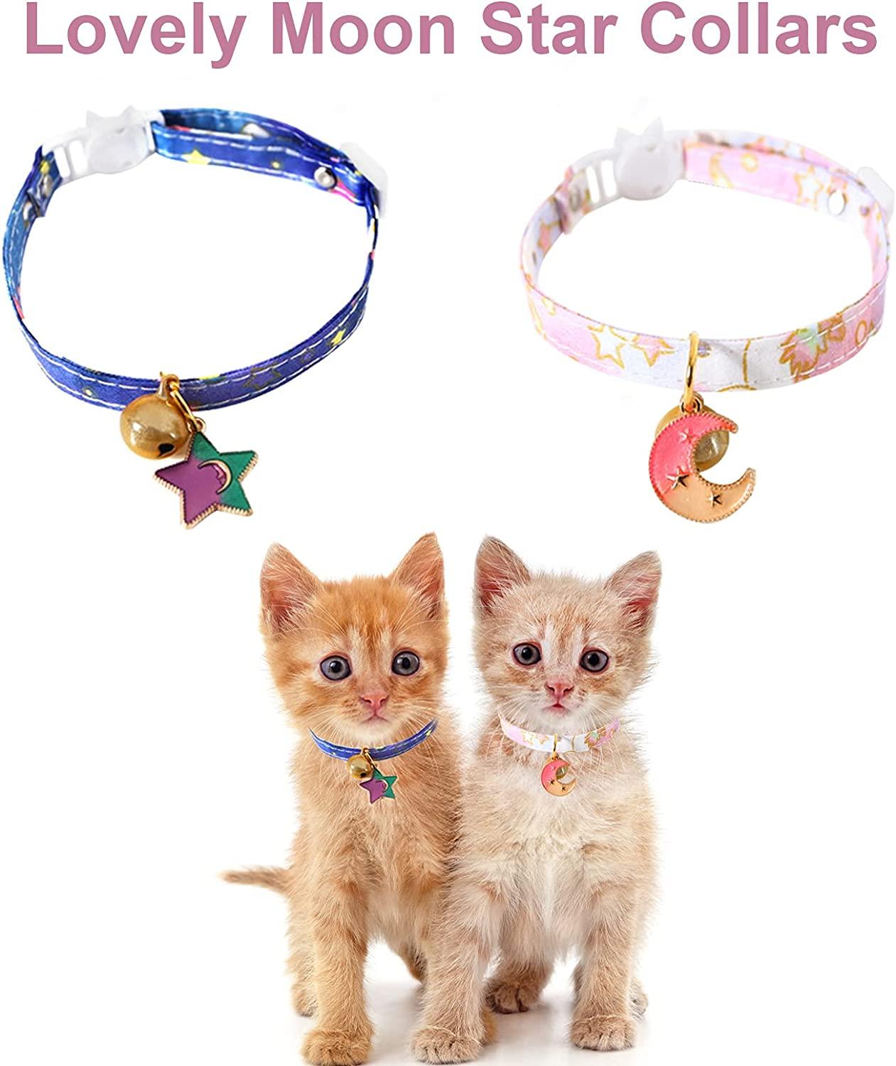 HACRAHO Breakaway Cat Collar with Bell, 2 PCS Adjustable Cute Kitty Collar  with Bells Moon Stars Safety Breakaway Cat Collar for Cats Kittens Puppies,  Pink and Blue