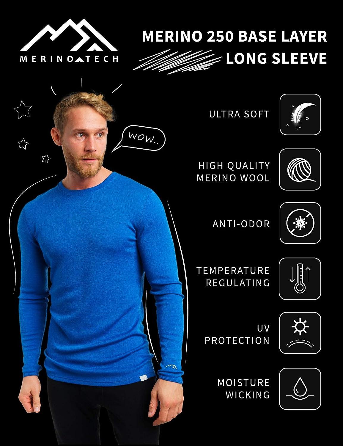 Merino.tech Merino Wool Base Layer - Mens 100% Merino Wool Long Sleeve  Thermal Shirts Lightweight, Midweight, Heavyweight X-Large Black 250