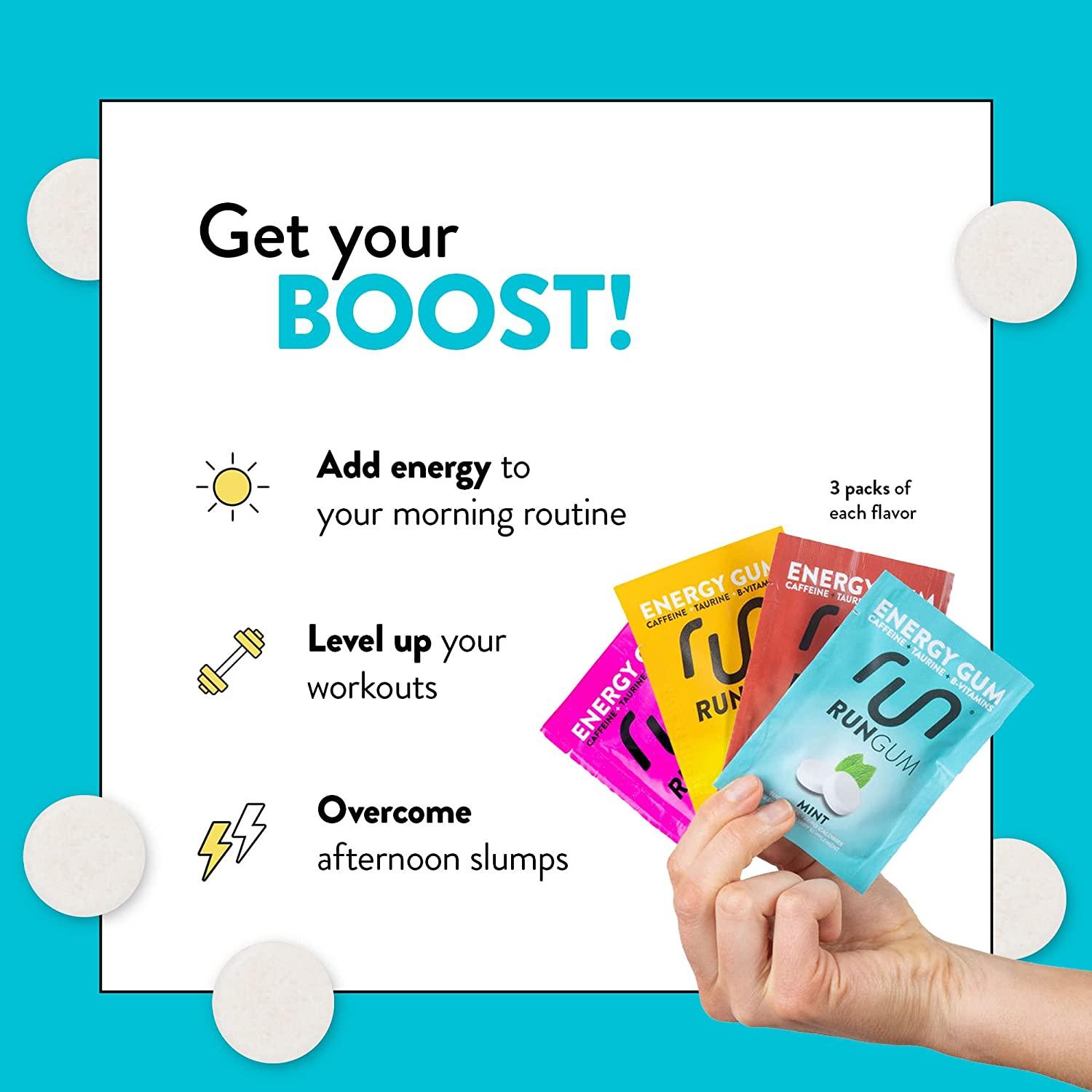 RUN GUM Variety Pack Energy Gum 50mg Caffeine Taurine & BVitamins per