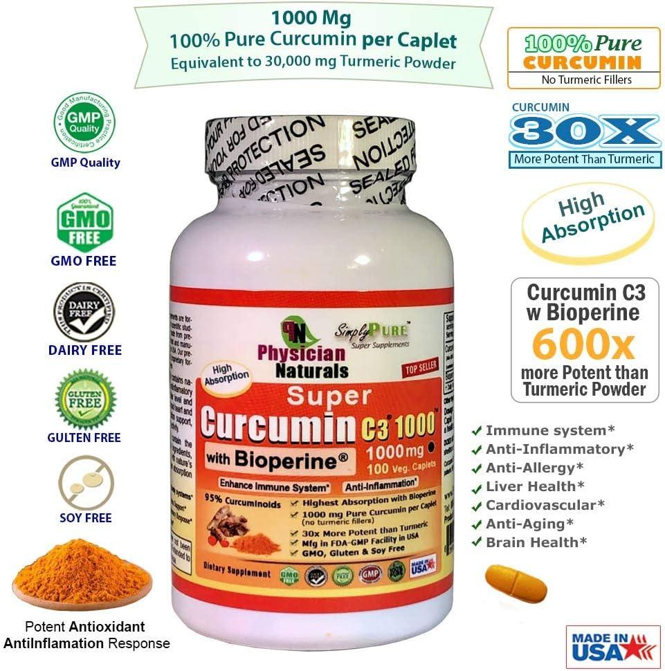Physician Naturals Super Curcumin 1000mg with Bioperine 100 Caplets