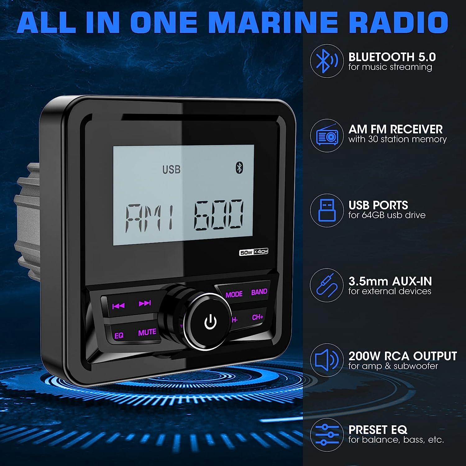  Boat Bluetooth Marine Stereo Radio Boat Radio AM FM Tuner  Bluetooth Streaming Music Digital Media on Boats Golf Cart ATV UTV and Spa  Hot Tubs : Electronics