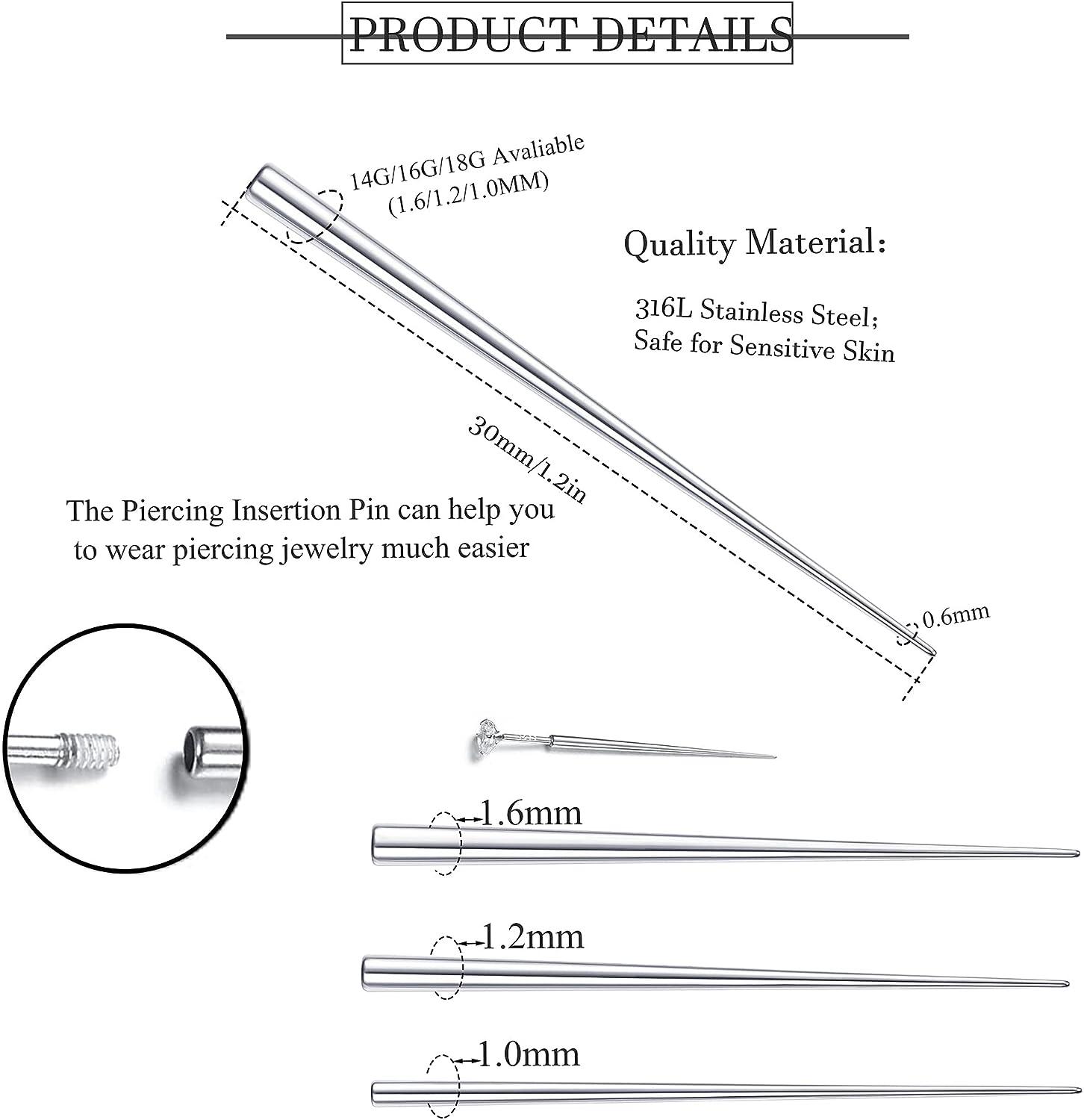 BESTEEL 3 Pcs 316L Surgical Steel Piercing Taper Insertion Pins