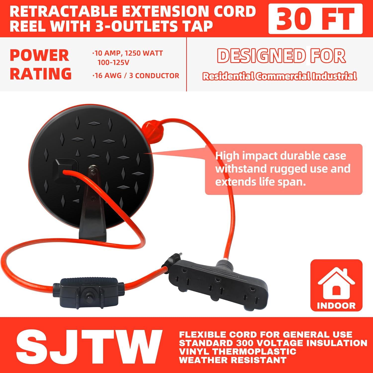 HONDERSON 30 Ft Retractable Extension Cord Reel 16/3 SJTW Power Cord with 3  Electrical Outlets Ceiling or Wall Mount 10 Amp Circuit Breaker Adjustable  Stopper Metal Plate UL Listed Red Red 30FT 16AWG