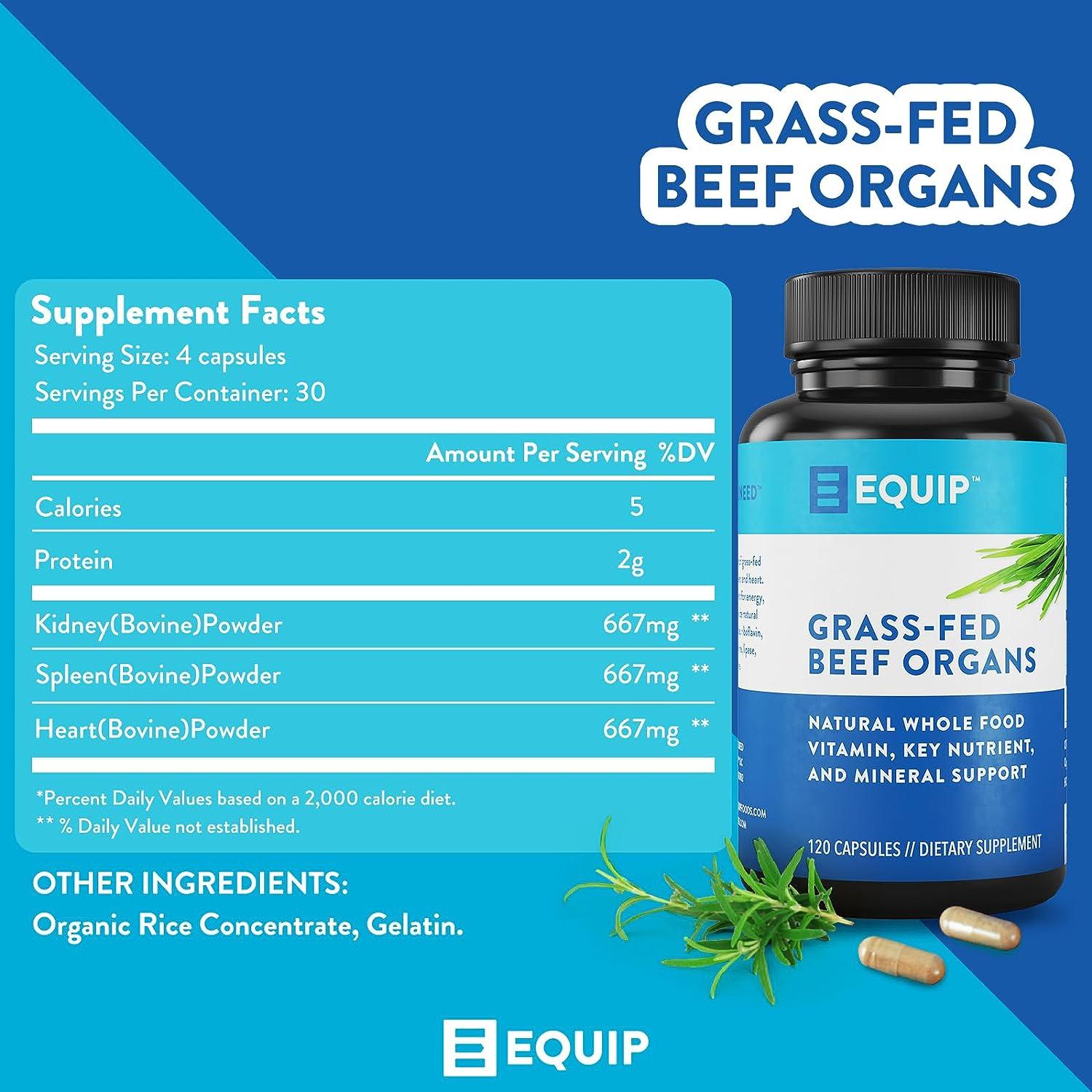 Equip Foods GrassFed Beef Organs Supplement Heart, Kidney & Spleen