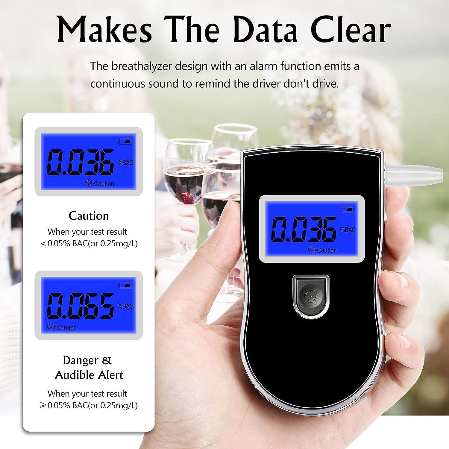 Alcohol Breathalyzer,High-Accuracy Alcohol Breath Tester, Professional  Blood Alcohol Tester with 20 Mouthpieces, Digital Blue LCD Display, for  Personal Home Party Use Black
