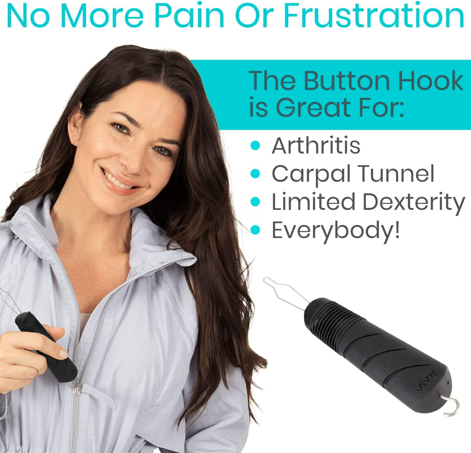 Vive Button Hook - Zipper Pull Helper - Dressing Aid Assist Device Tool for Arthritis  Dexterity Handle Grip