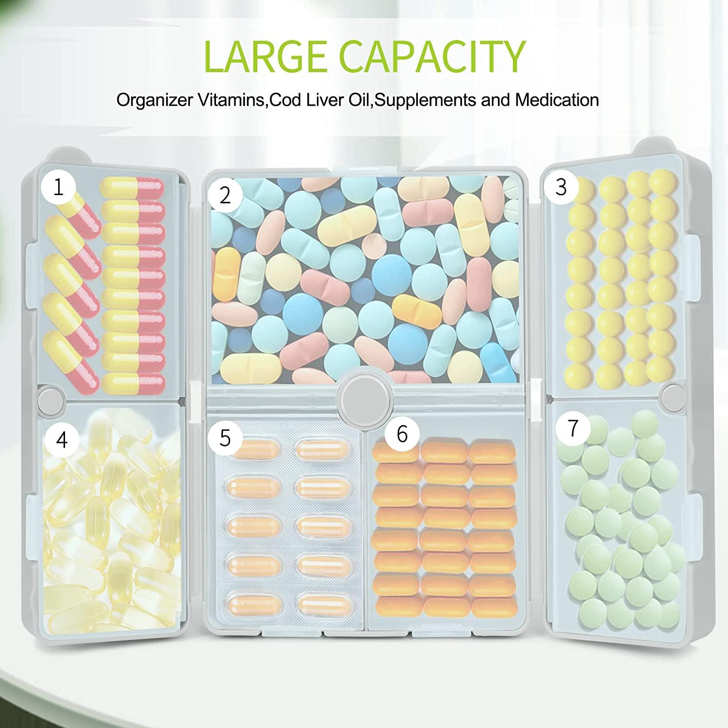 FYY Daily Pill Organizer,7 Compartments Portable Pill Case Travel Pill  Organizer,[Folding Design]Pill Box for Purse Pocket to Hold Vitamins,Cod  Liver Oil,Supplements and Medication-Grey Large Grey