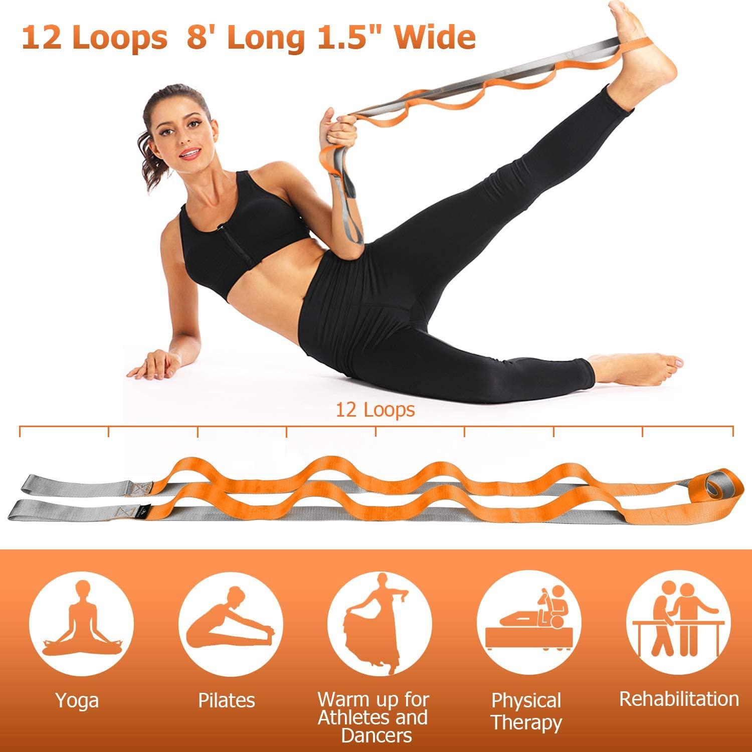 SUMYOUNG Yoga Strap, Stretch Strap with 12 Loops, Nonelastic Stretch Bands  for Exercise, Physical Therapy, Pilates, Dance and Gymnastics, Extra Thick,  Durable, Comes with Travel Bag and Door Anchor Orange