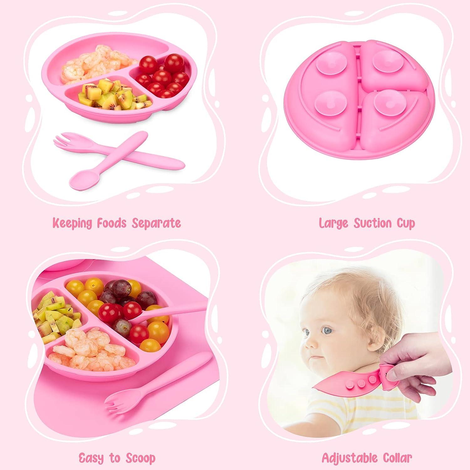 Little Keegs Baby Feeding Set - Baby Must Haves Gift Set - Baby Led Weaning  Supplies - Toddler Silicone Dishes - Suction Baby Bowl, Bib, Snack Cup,  Utensils, Baby Plate Set of 8 (Pink) 