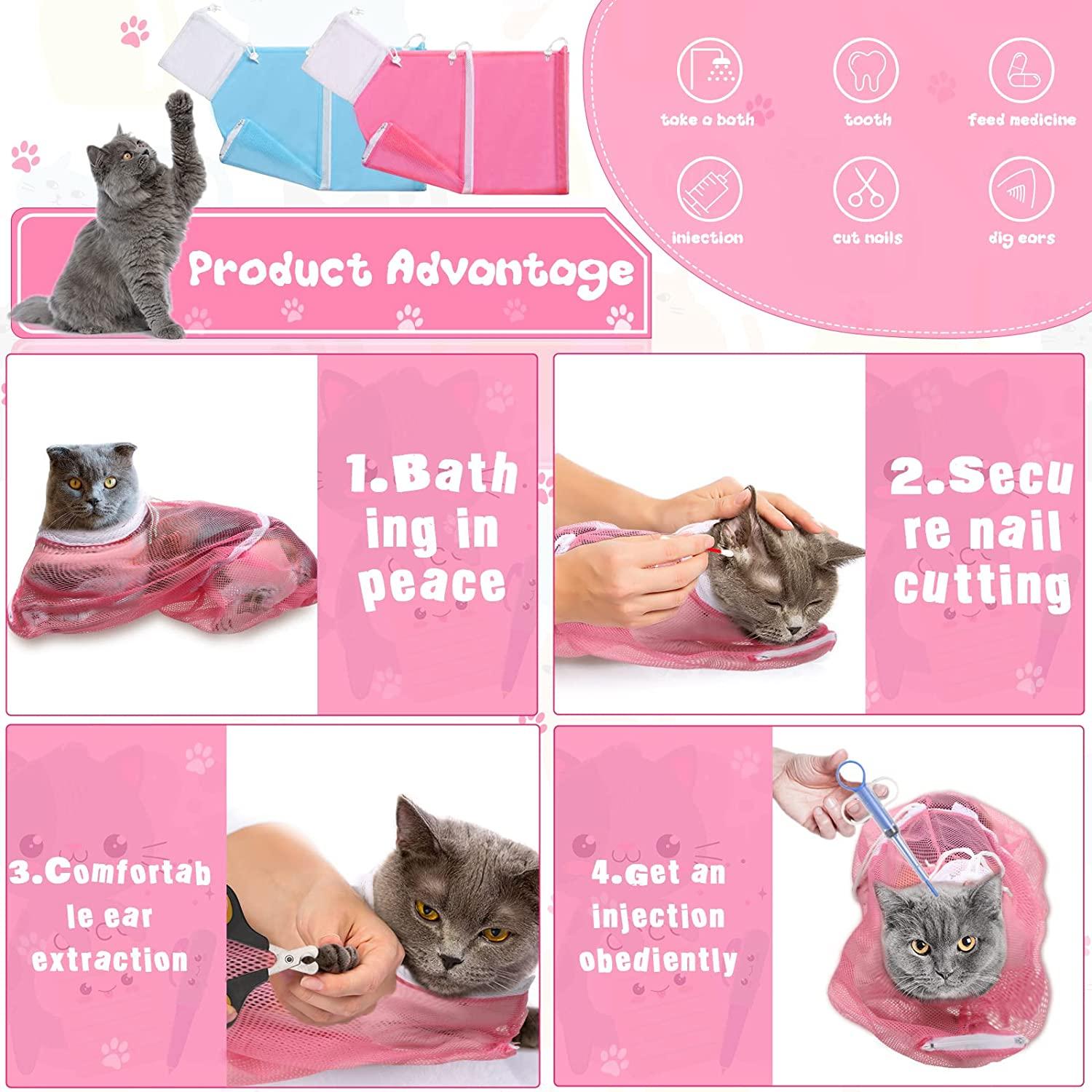 7 Pieces Cat Bathing Bag Set Include 2 Adjustable Multifunctional Cat Bath Bag Cat Grooming
