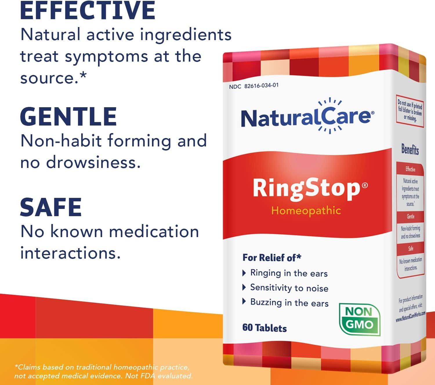 NaturalCare RingStop Tinnitus Relief 60 Tablets Homeopathic Formula for Ringing Ears, Noise