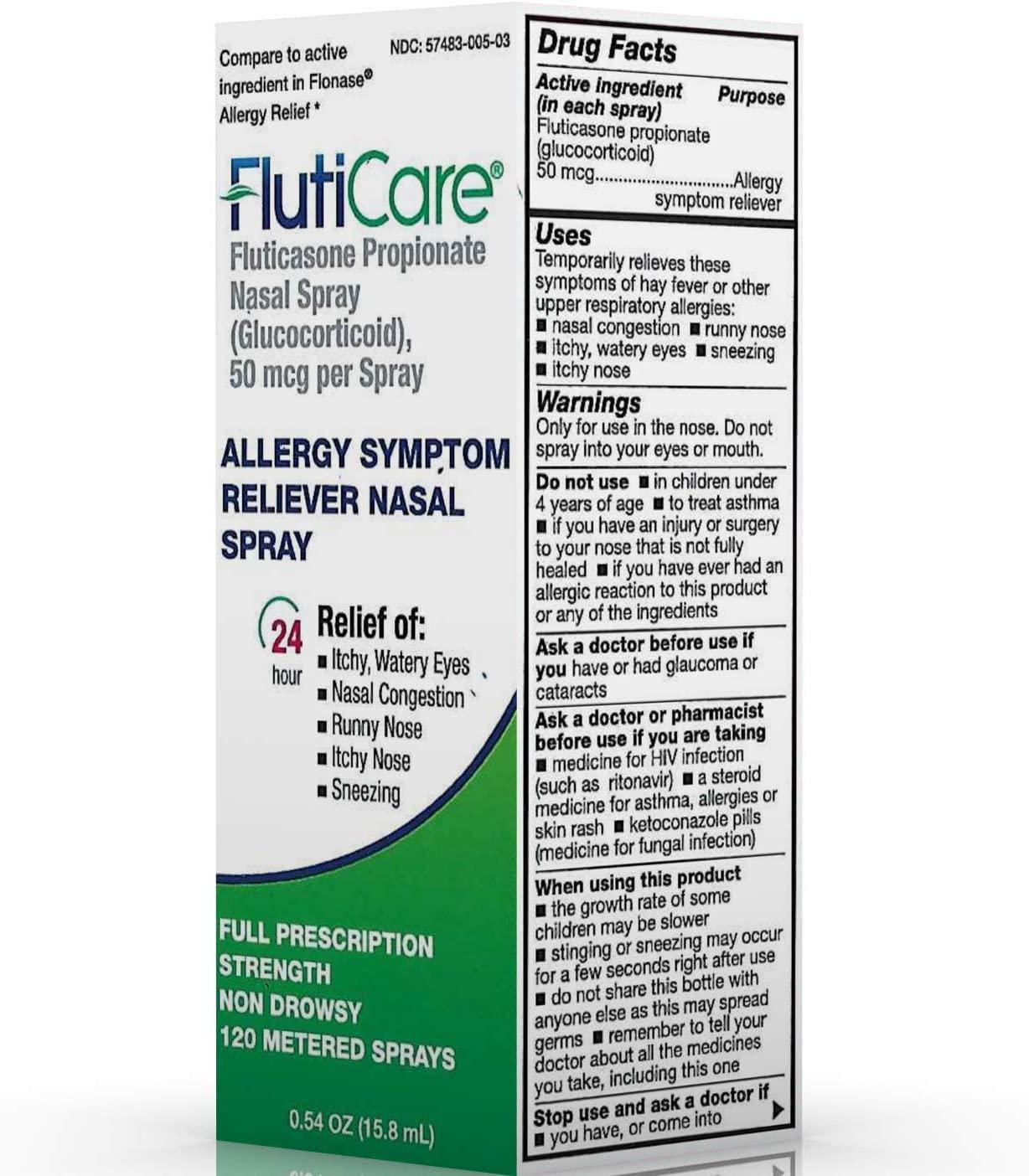 FlutiCare 120 Metered Nasal Sprays (3 Pack) Fluticasone Propionate 50mcg Allergy Relief for
