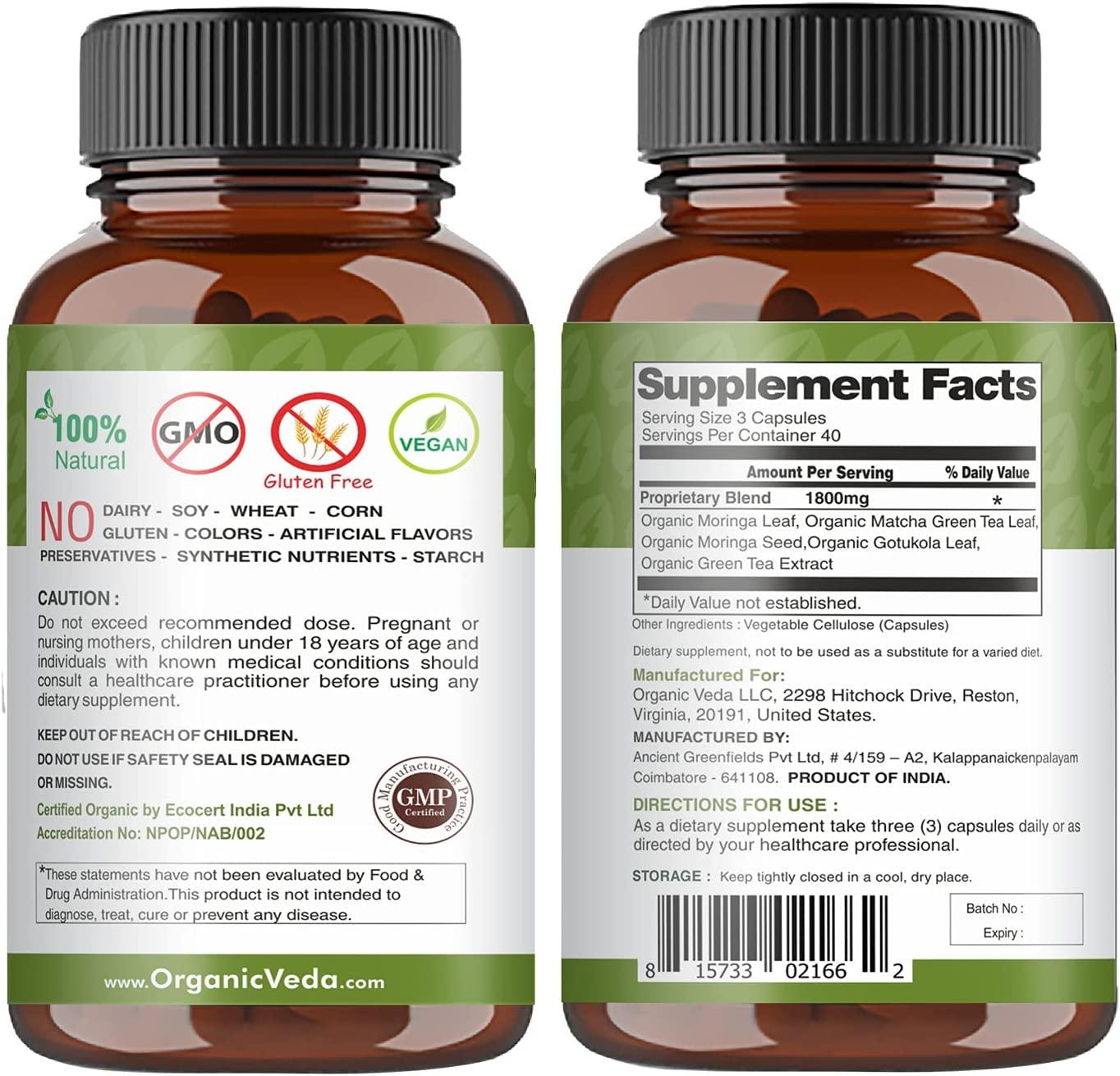 Organic Veda Moringa & Matcha Green Tea Vitamins, Green Superfood for