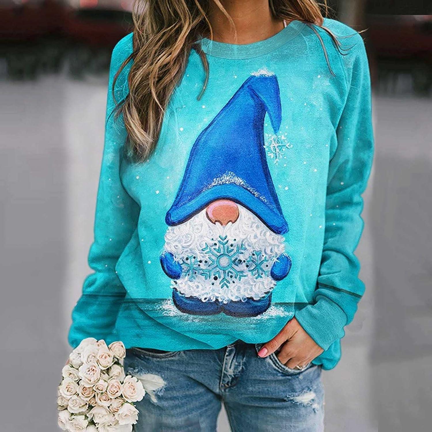 Christmas T Shirts for Women Long Sleeve Funny Print Graphic Xmas  Sweatshirts Casual Pullover Tops Ugly Sweater Blouses
