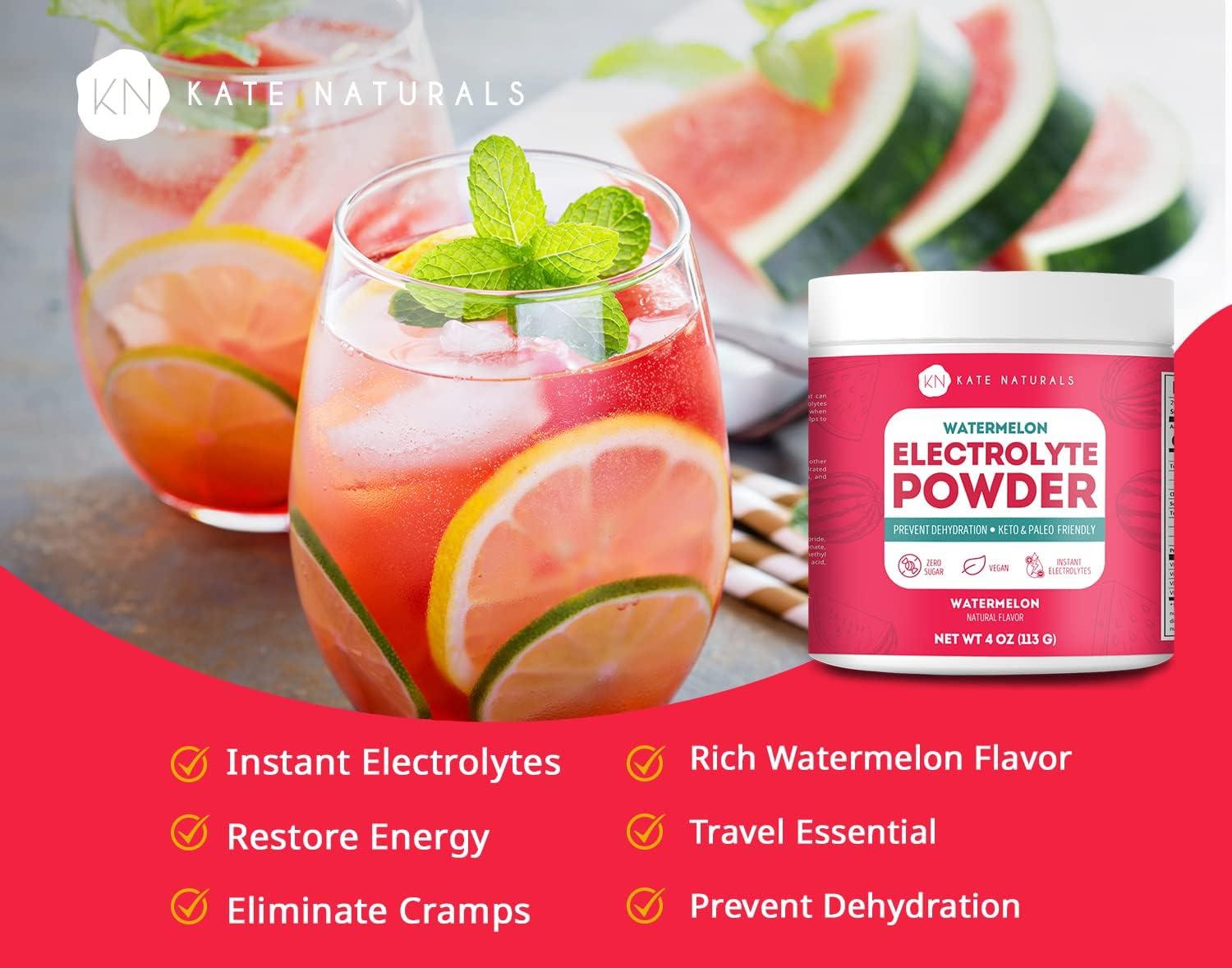 Kate Naturals Watermelon Electrolytes Powder 4oz Instant Vegan Energy