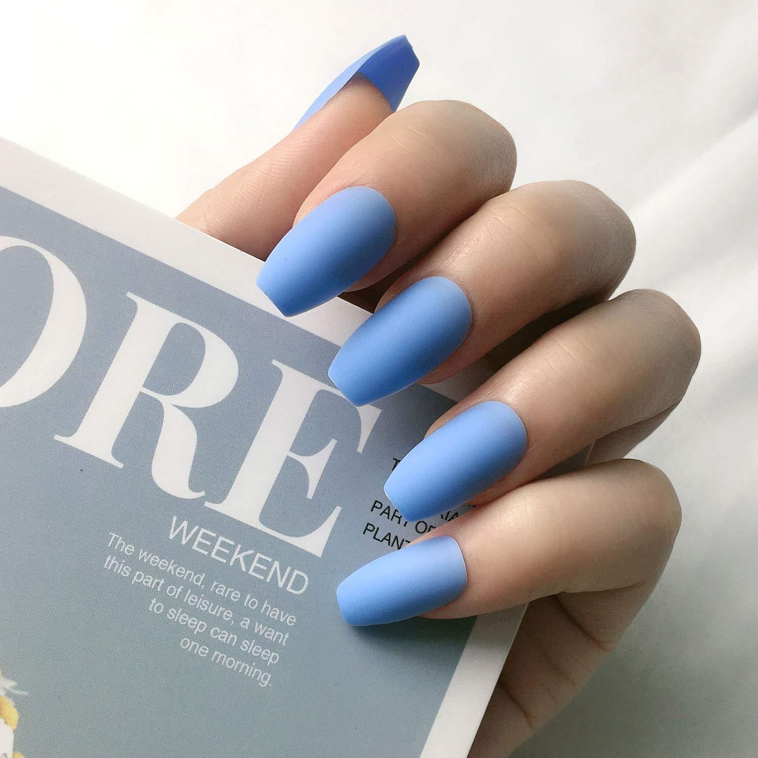 30pcs/Set Long Almond Shaped Matte Light Blue False Nails With 1 Nail File  & 1 Jelly Glue, Simple Solid Color Upgrade For Daily Wear | SHEIN USA