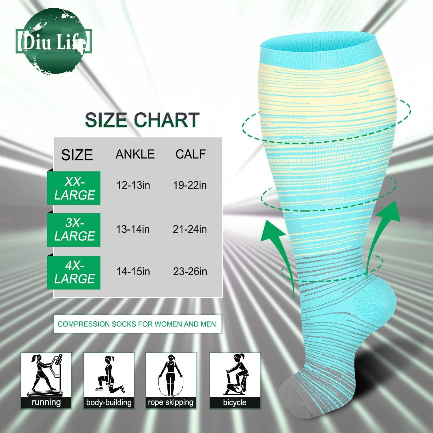 Diu Life 3 Pairs Plus Size Compression Socks for women & men Wide Calf  Extra Large Knee High Stockings for nurse sports fitness. 4XL 3er-multi4