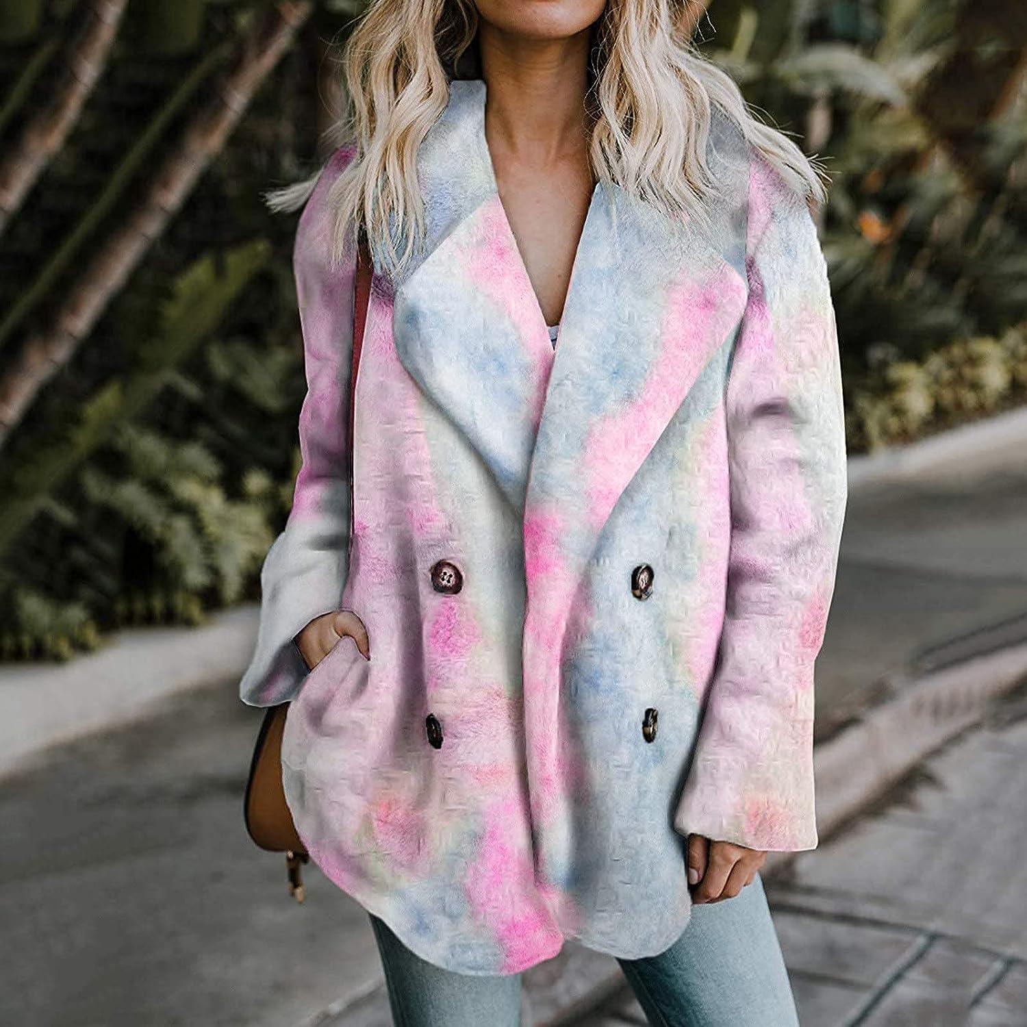 Winter Coats for Women, Winter Warm Fleece Coat with Pockets Fashion Tie  Dye Lapel Sweatshirt Buttons Plush Jacket X-Large 01 # Pink